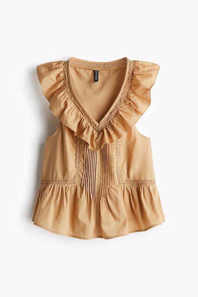 Frill-trimmed cotton vest top - Beige/White - 1