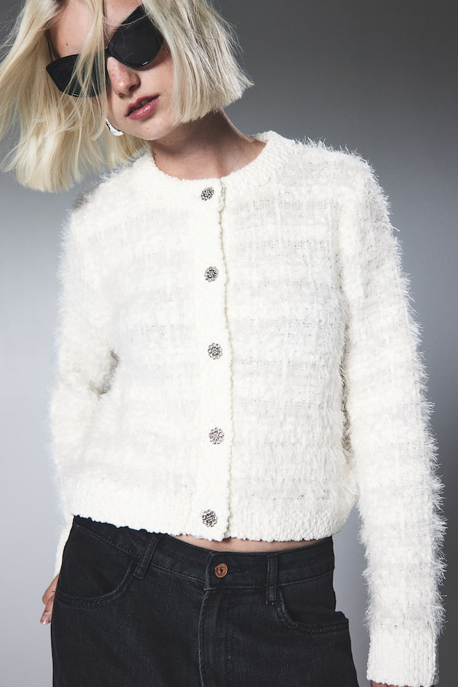 Rhinestone-button fluffy-knit cardigan - Natural white - 5