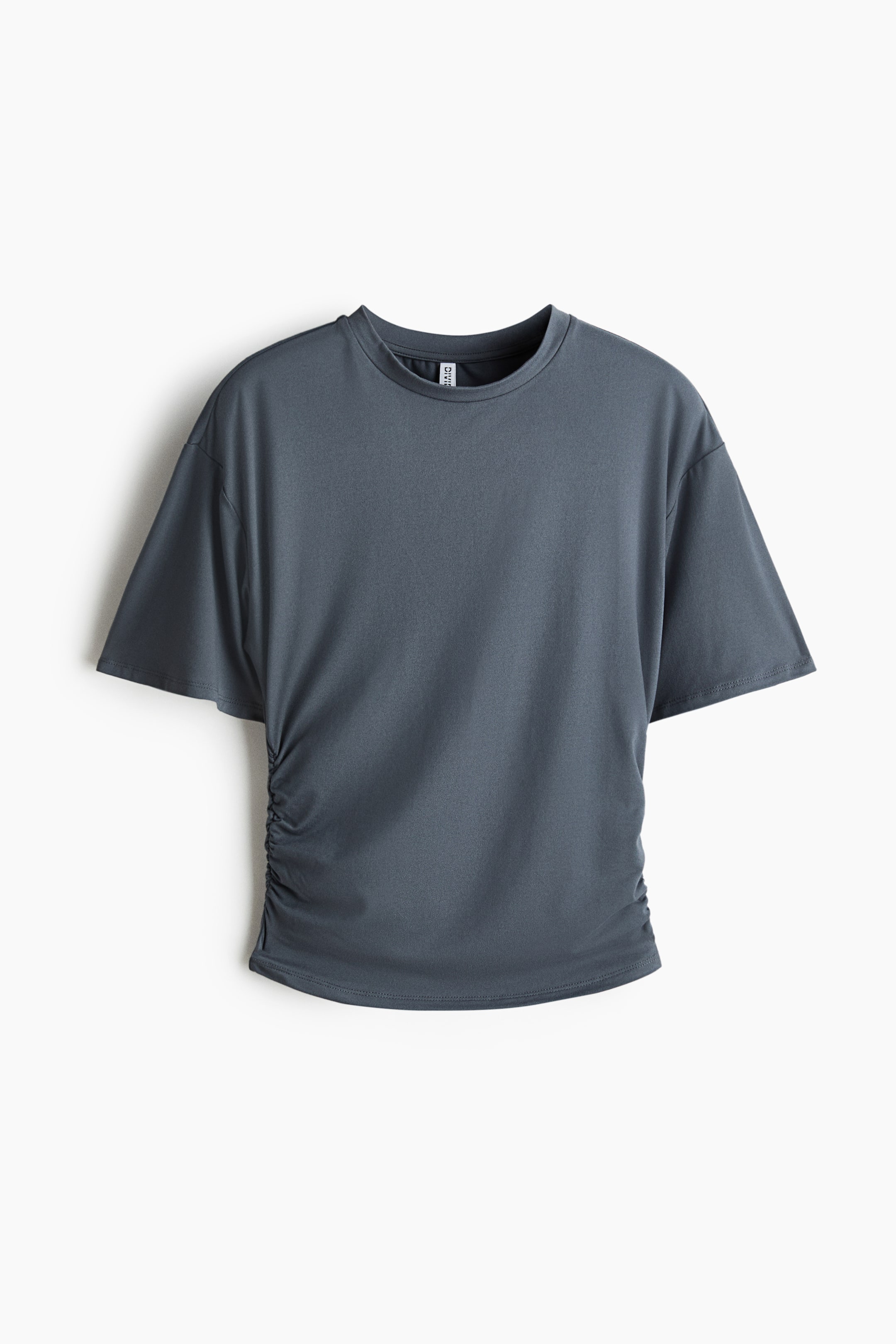 View larger image: A dark grey T-shirt features a round neckline, short, loose sleeves, and ruching details along both side seams, creating a gathered effect at the hem.