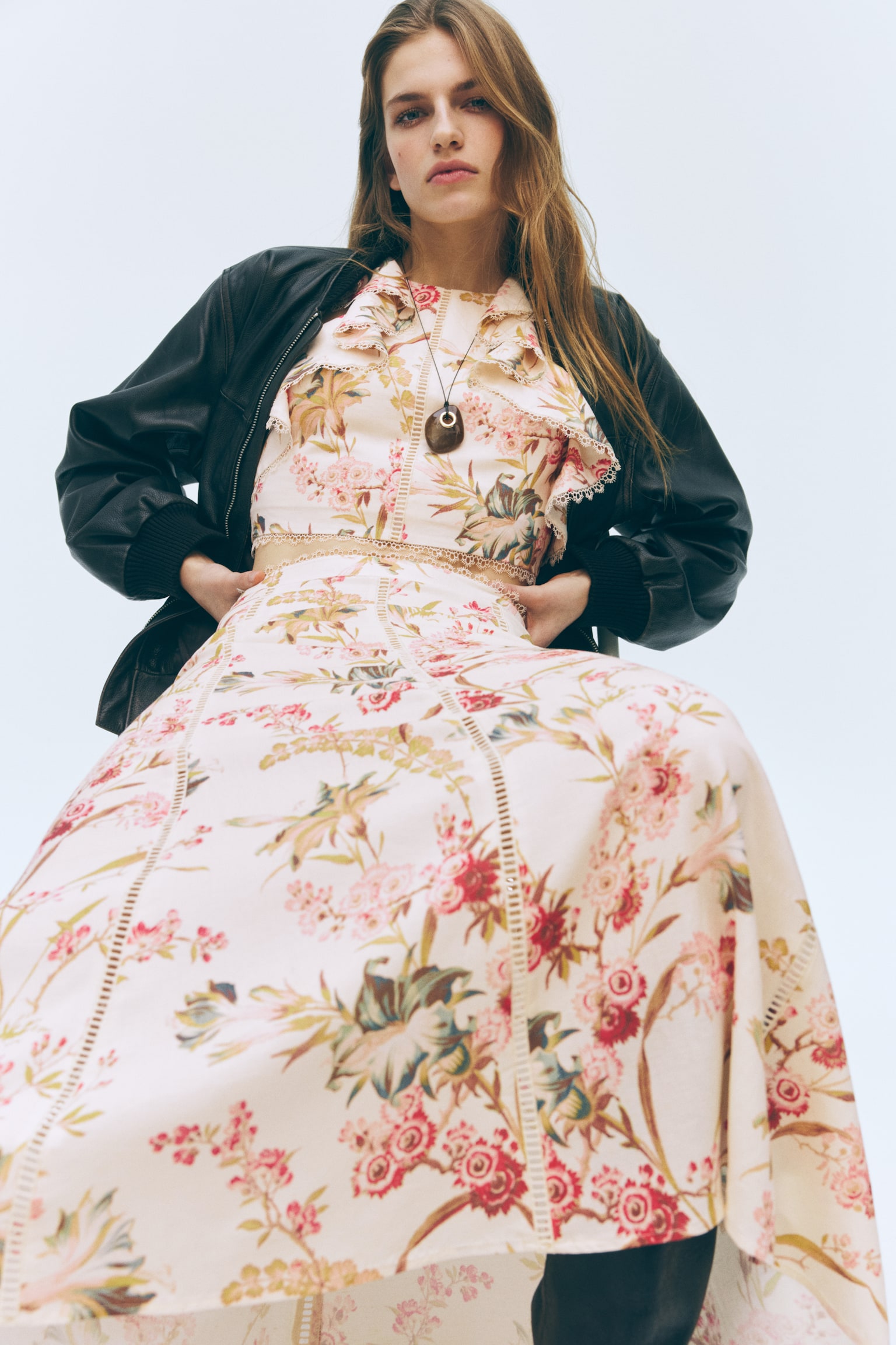 Linen-blend skirt - Light beige/Floral - 6