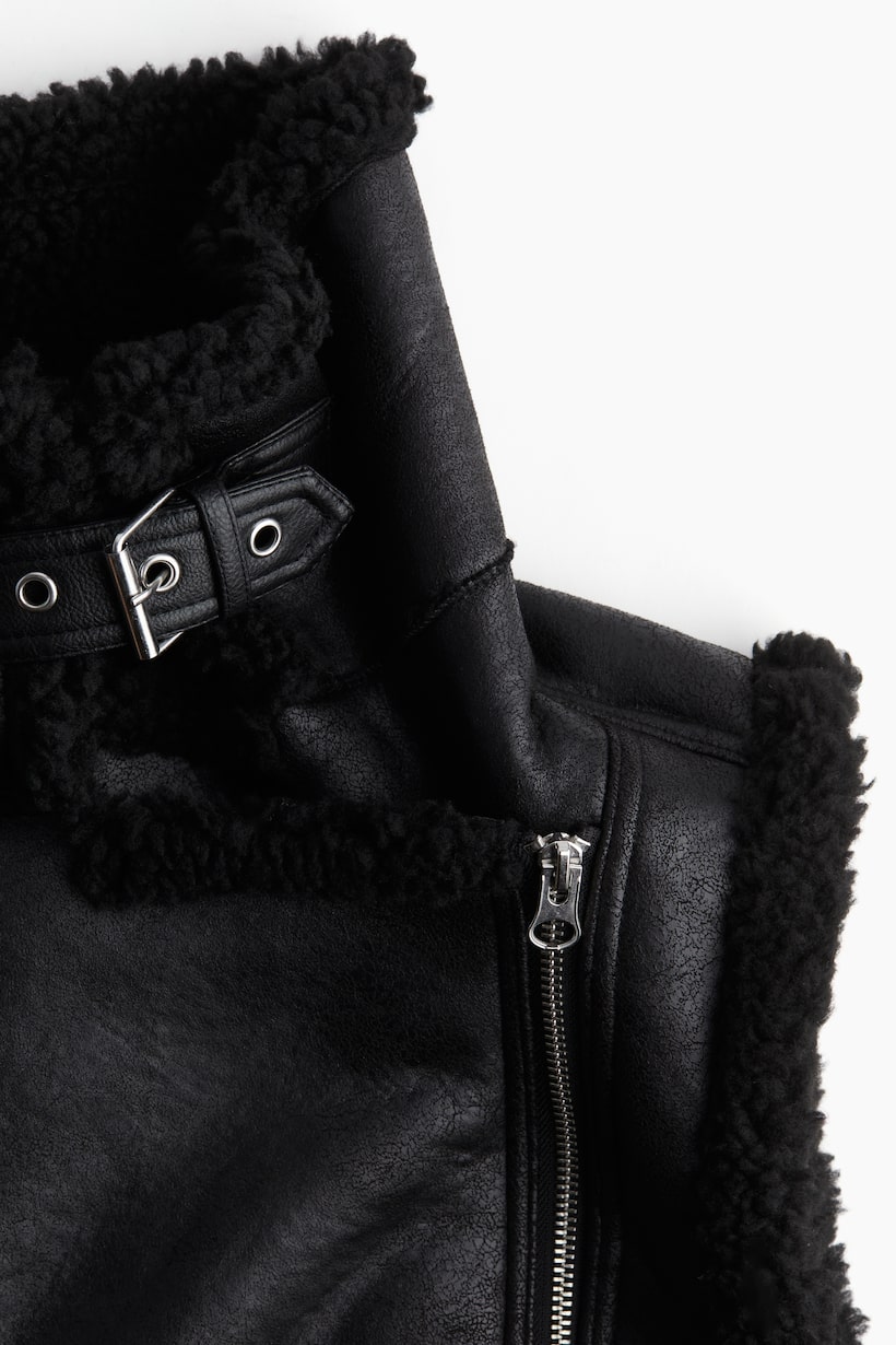 River Island Schwarze Jeansjacke Teddyfell Bikerjacken Für Damen