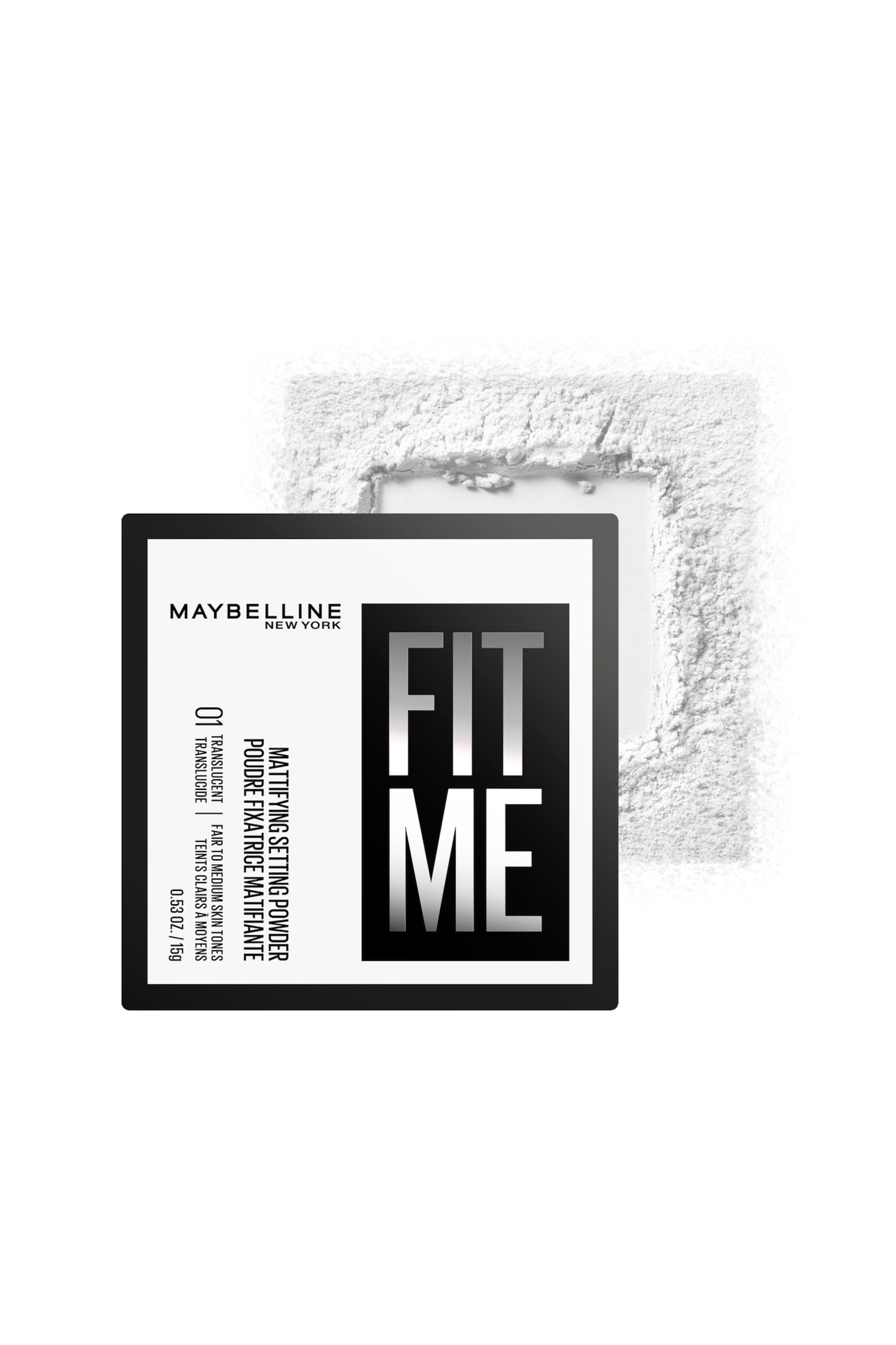Ett rektangulärt Maybelline Fit Me Mattifying Setting Powder-compact visar sin svartvita etikett, med "FIT ME" tydligt placerat till höger, samtidigt som en texturerad hög av vitt, genomskinligt puder ser ut att spilla ut från dess överkant och högra sida. - 1