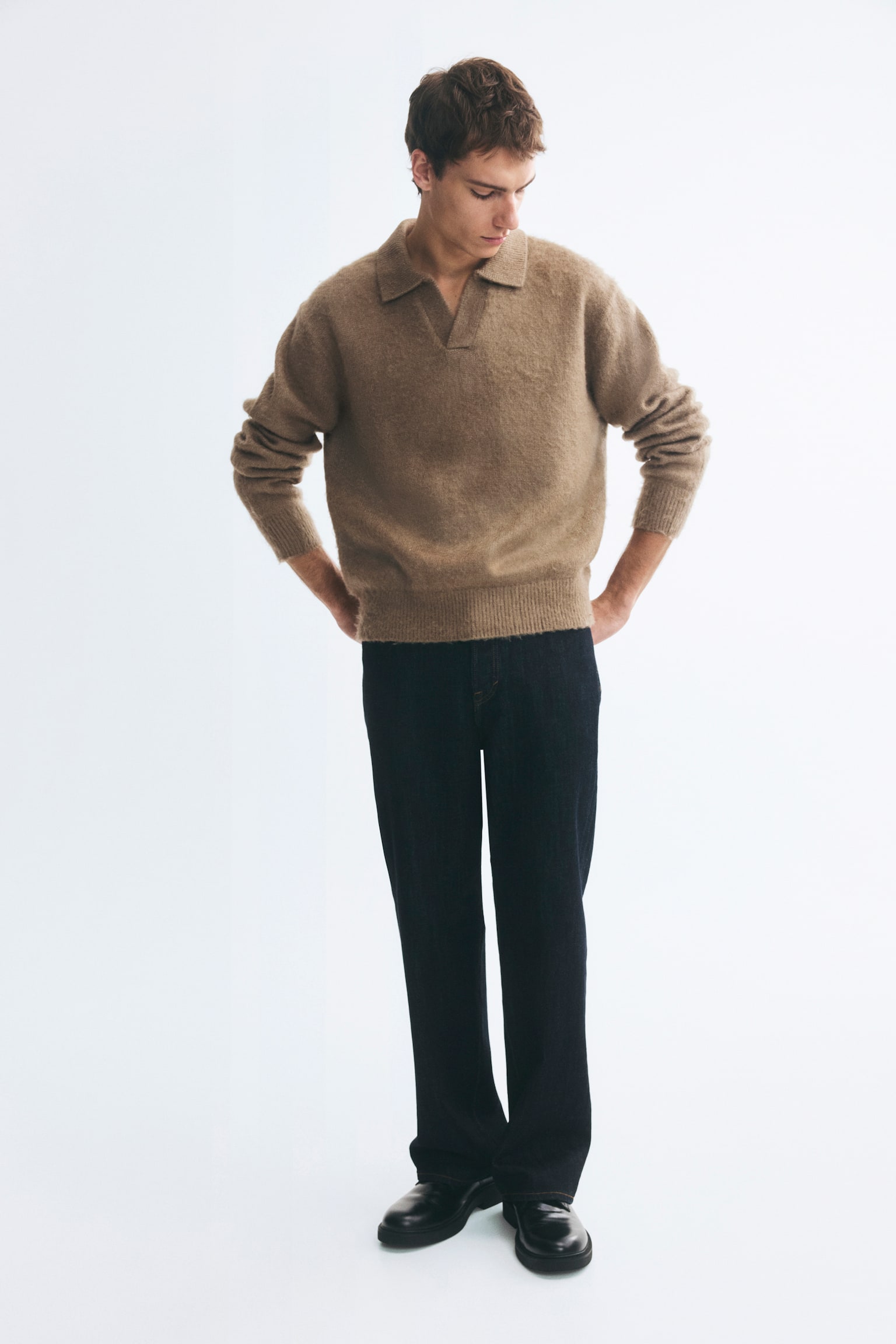 Мужской свитер H&M Relaxed-Fit Wool-Blend Polo Sweater, цвет: Тёмный бежевый — фото 4