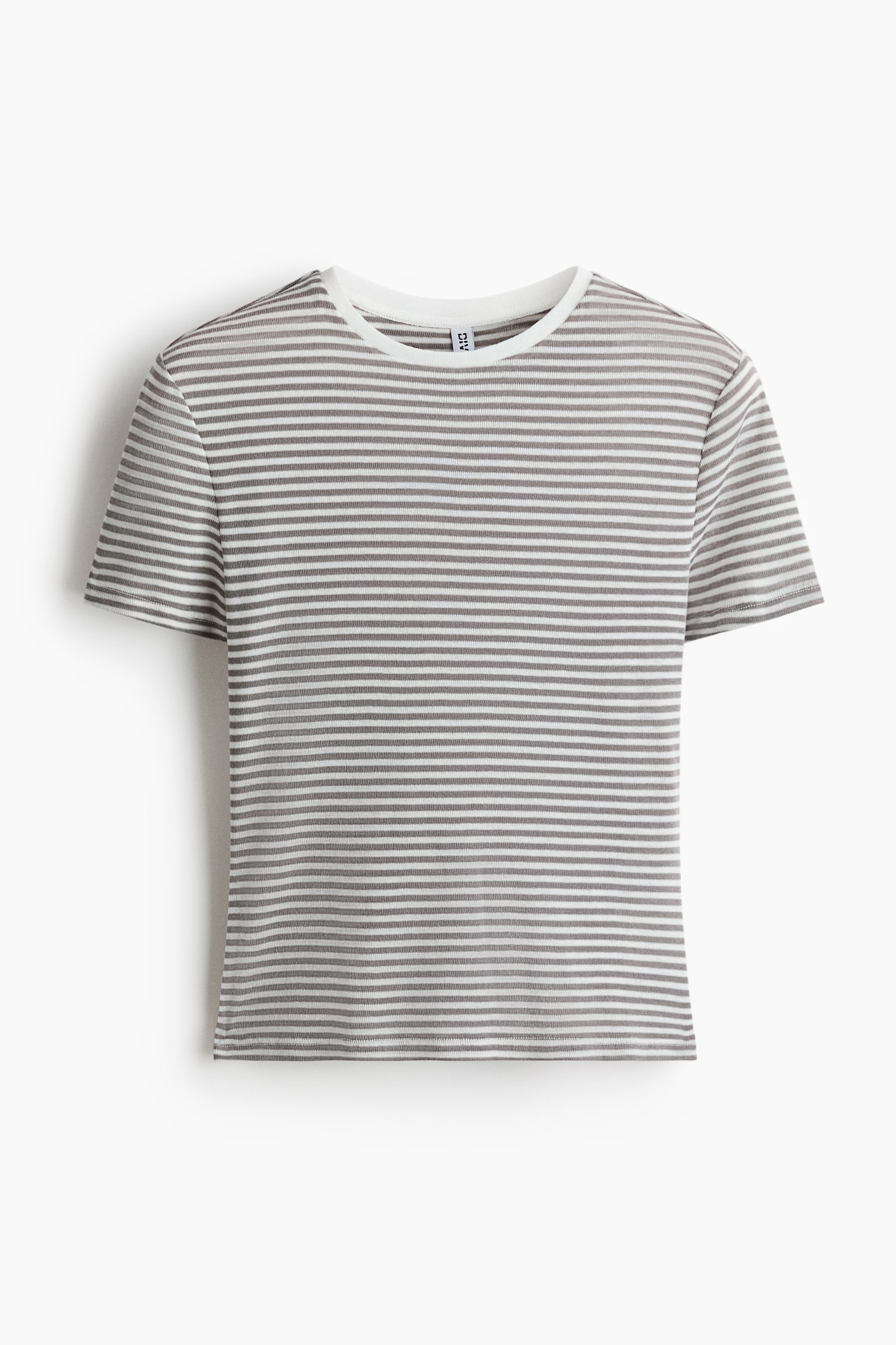 A short-sleeved T-shirt is shown from the front, featuring thin horizontal grey and white stripes. The T-shirt has a contrasting solid white crew neck collar and a straight hemline.