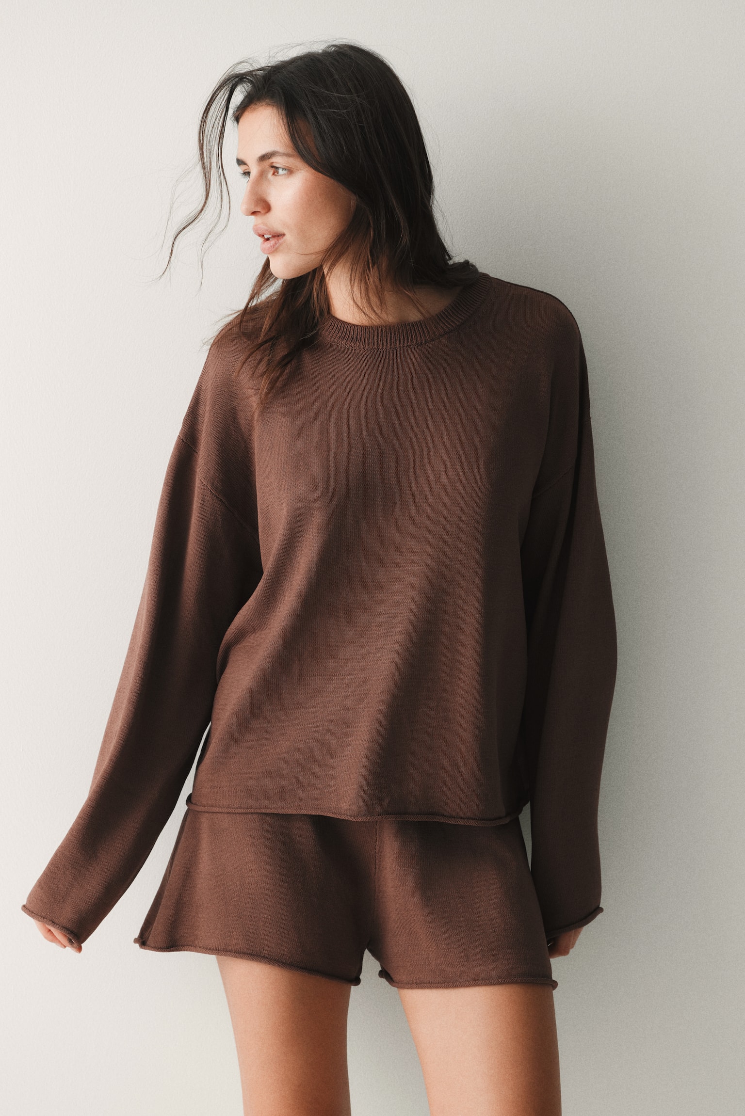 Roll-edge jumper - Brown/Light dusty pink - 1