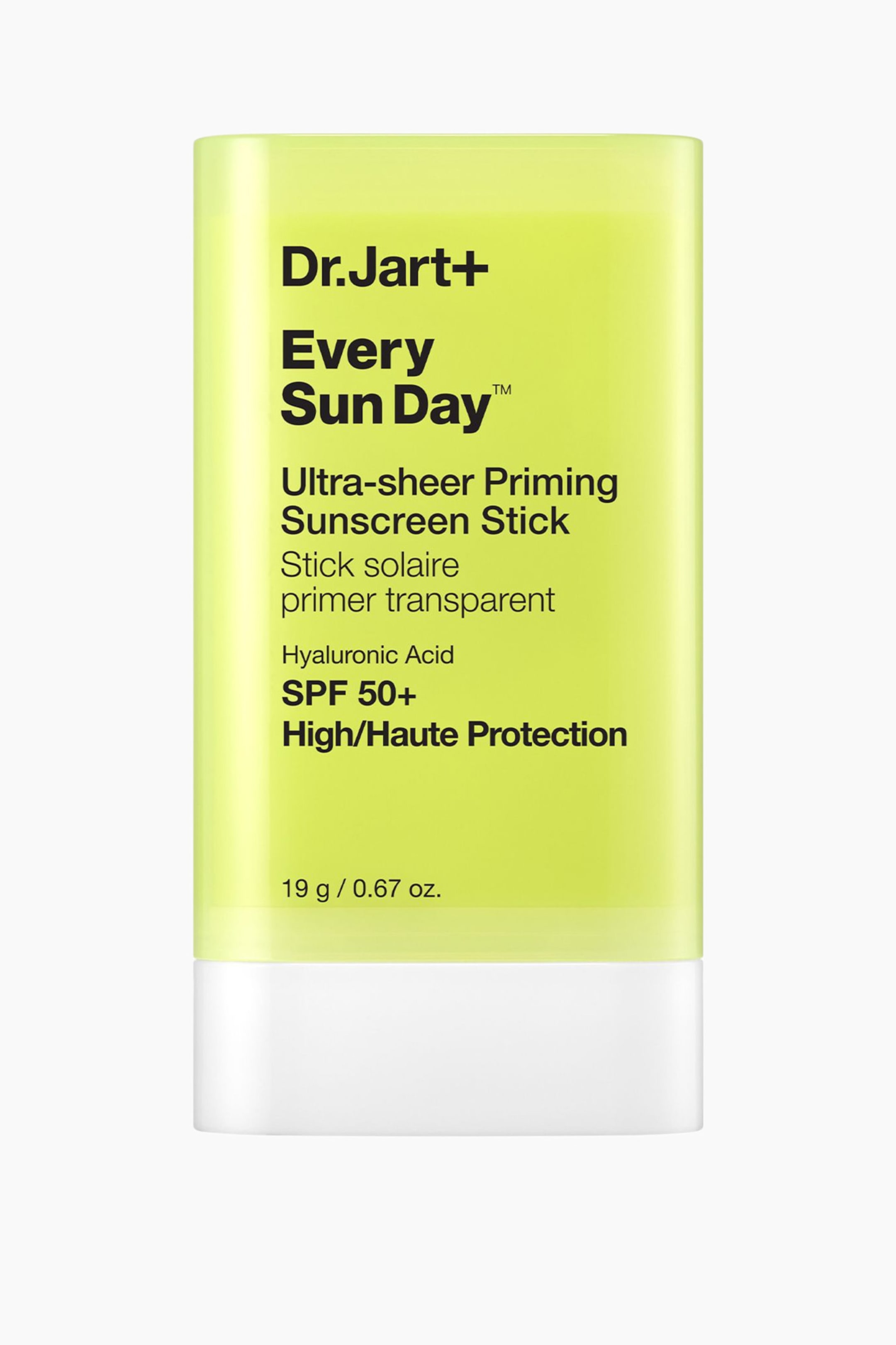 Visa större bild: En Dr.Jart+ Every Sun Day Ultra-sheer Priming Sunscreen Stick står upprätt, vänd framåt. Dess genomskinliga neon gulgröna rektangulära kropp har svart text, inklusive 'Dr.Jart+ Every Sun Day Ultra-sheer Priming Sunscreen Stick' och 'SPF 50+ High/Haute Protection', ovanför en ogenomskinlig vit bas.