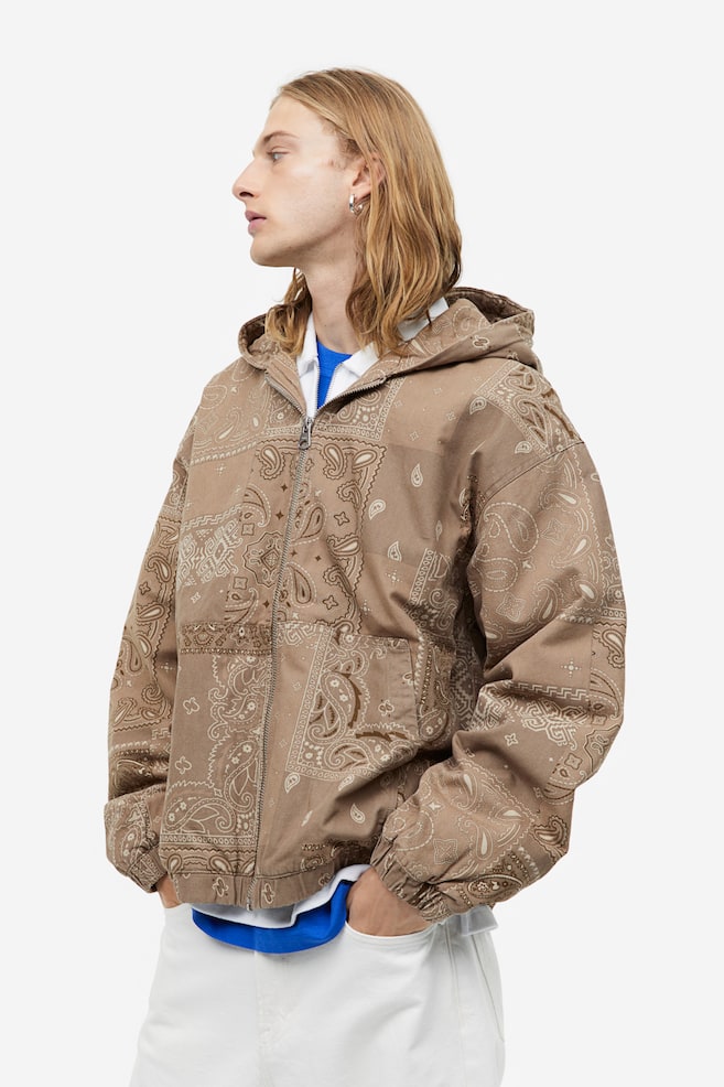 Loose Fit Hooded canvas jacket - Beige/Paisley-patterned/Dark grey - 3
