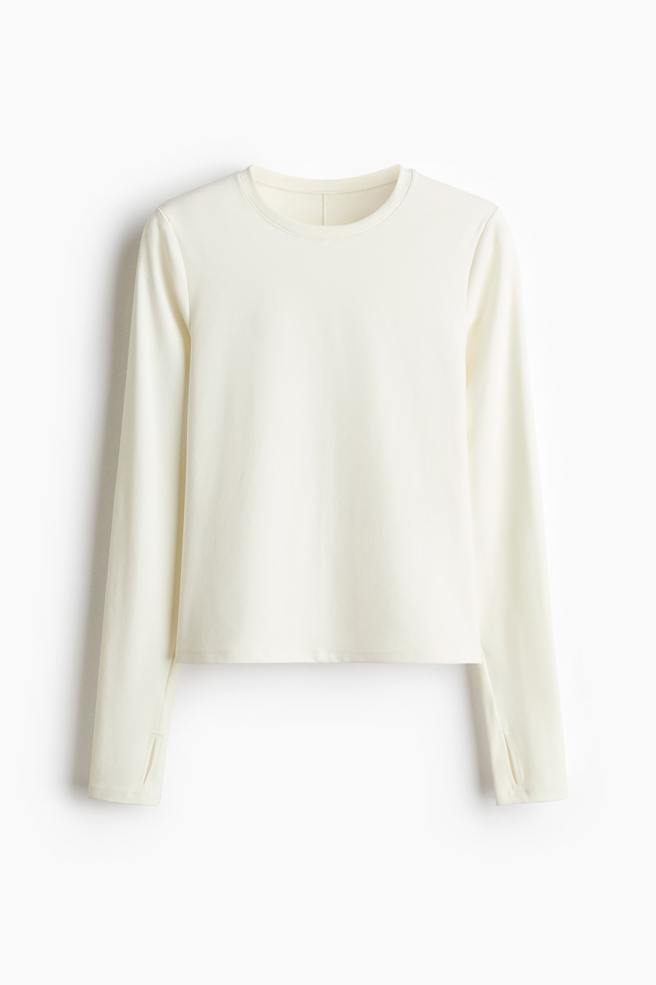View larger image: An off-white, long-sleeved crewneck top is shown in a front-facing view, featuring a smooth finish and a classic round neckline. The long sleeves include integrated thumbhole slits at the cuffs, and the garment is finished with a straight, clean hemline.