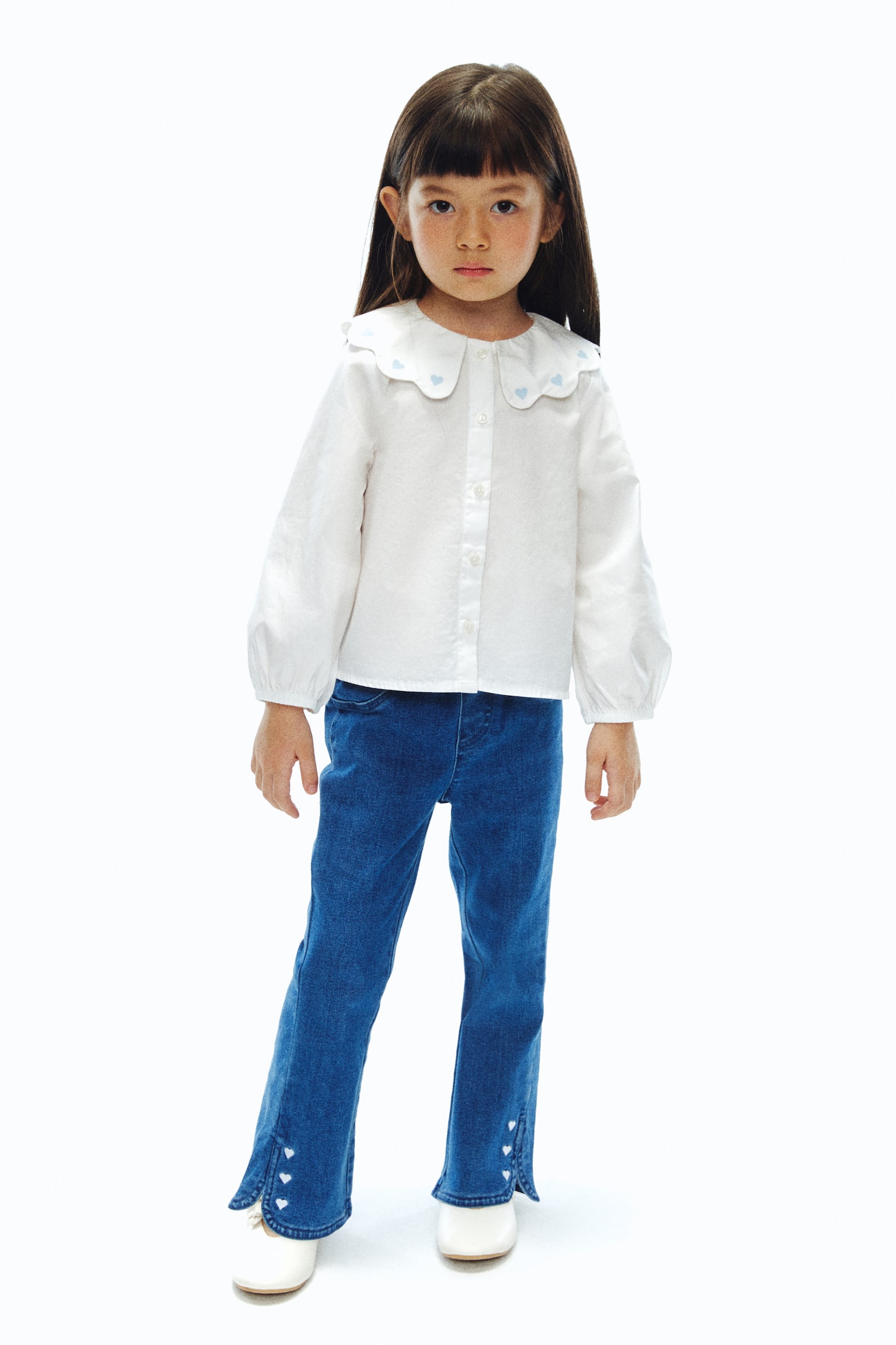 有領府綢棉女衫 - 白色/淺藍色/愛心 - 5