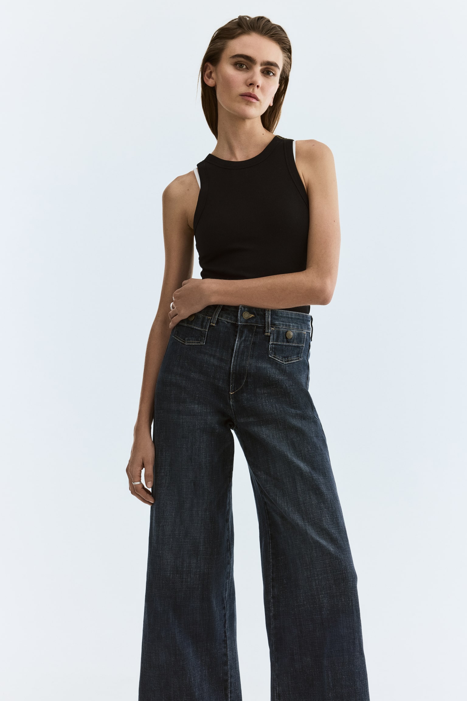 Wide High Waist Ankle Jeans - כחול ג'ינס כהה/כחול נייבי ג'ינס/לבן/אדום עז/כחול ג'ינס/כחול ג'ינס בהיר - 1