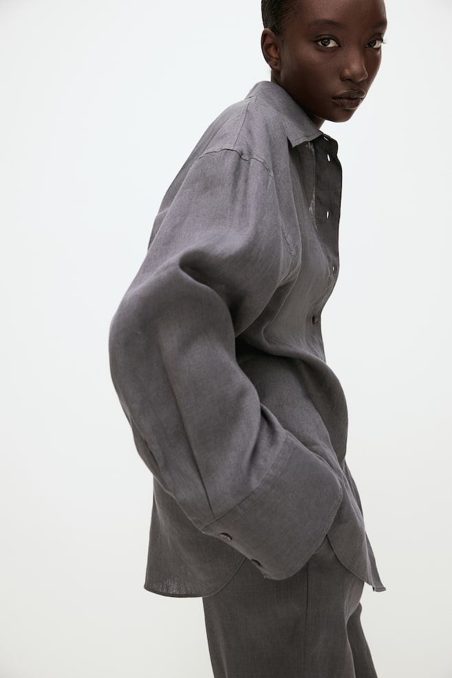 Oversized linen shirt - Dark grey - 5