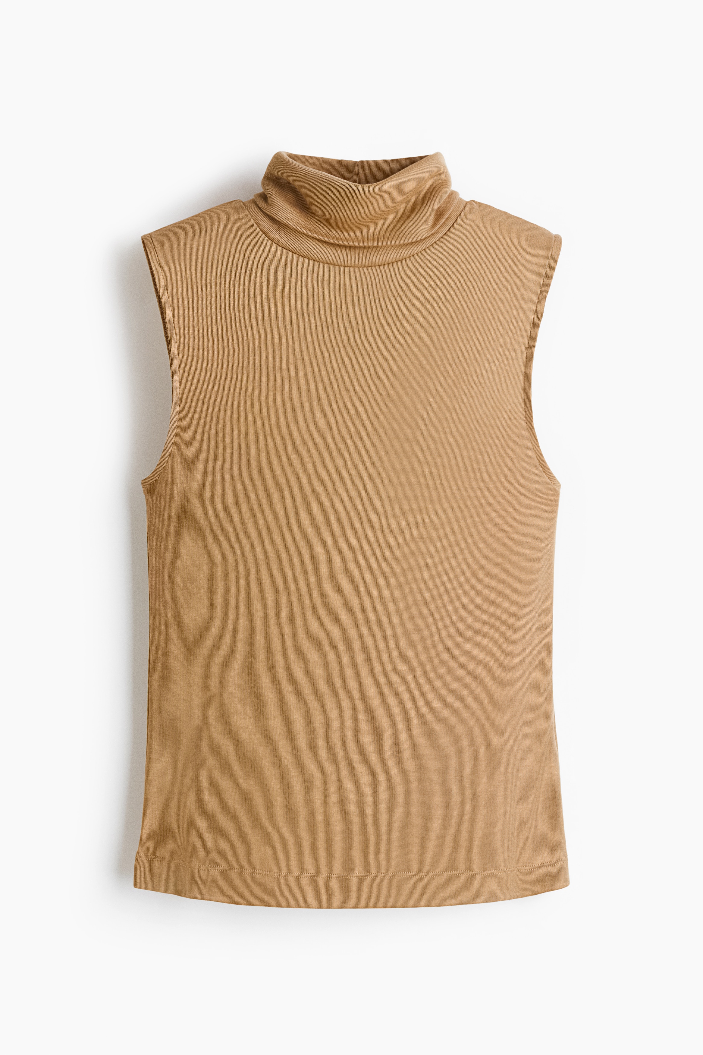 Fine Knit Sleeveless Turtleneck Top-Beige