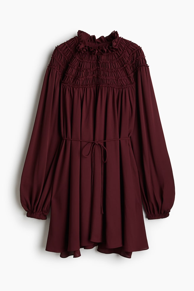 Smocking-detail dress - Burgundy - 1