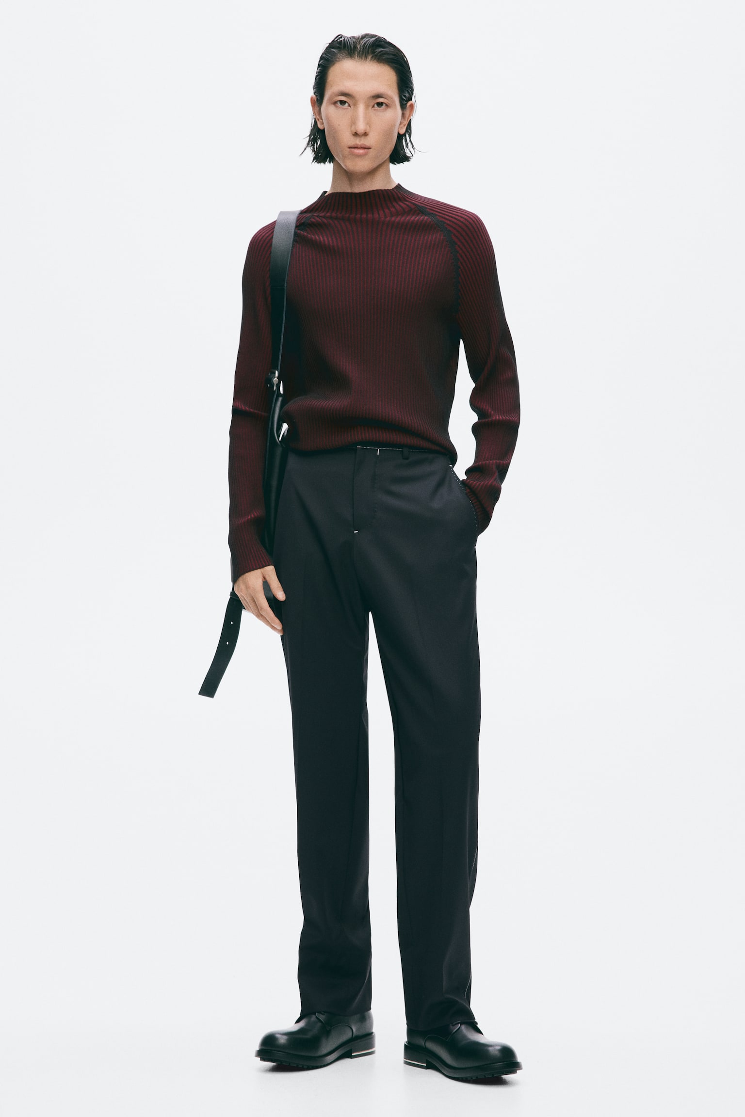 Slim Fit Rib-Knit Mock Turtleneck Sweater - Red/black/Navy blue/striped - 1