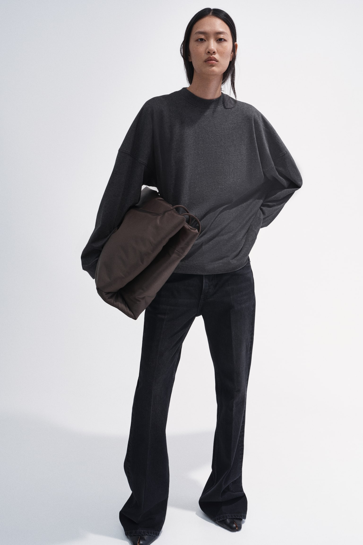 Long-sleeved cotton top - Dark grey marl/White - 1