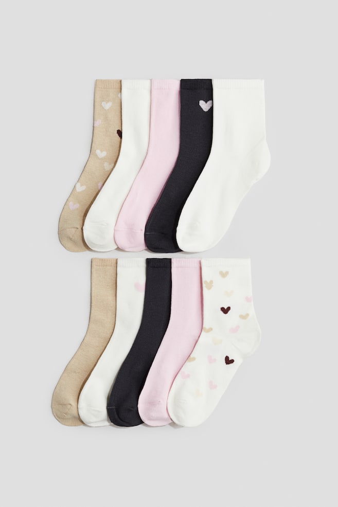 10-pack socks - White/Beige hearts/Dusty pink/Polka dots/Light pink/Bows/White/Hearts/Light pink/Hearts/Light pink/Leopard print - 1