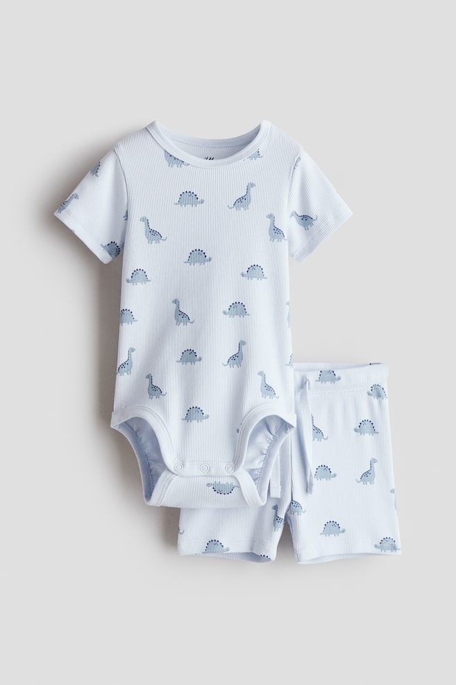 2-piece ribbed cotton set - Light blue/Dinosaurs/Cream/Bears/Dusty green/White striped - 1