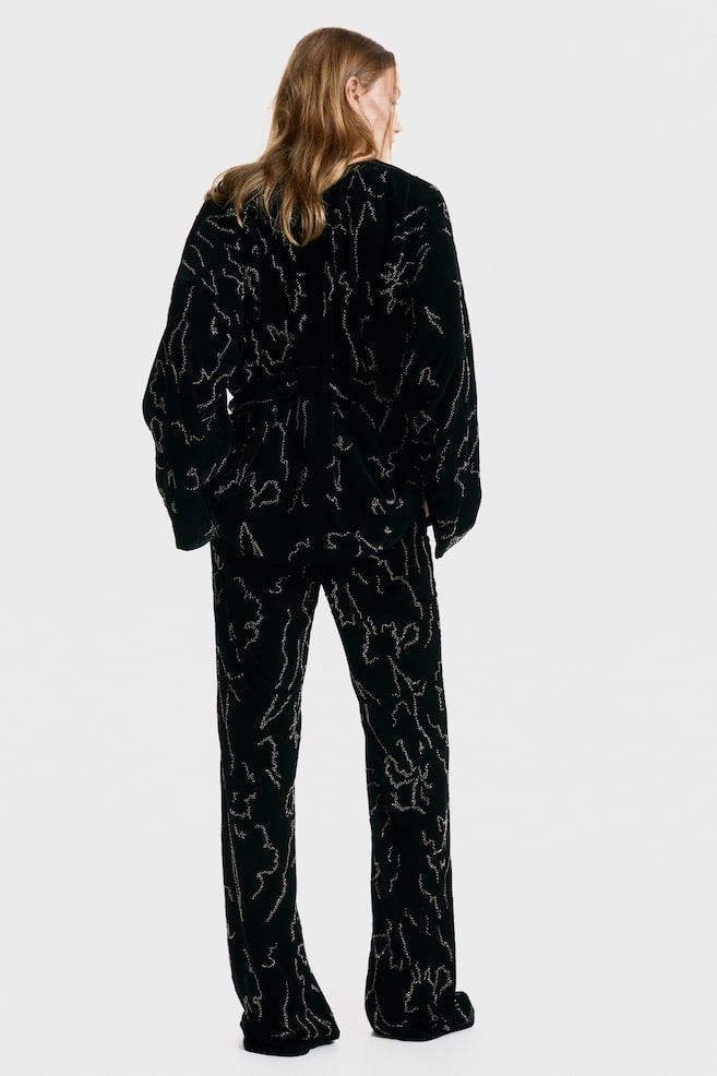 Embroidered Velvet Pants-Black - 5