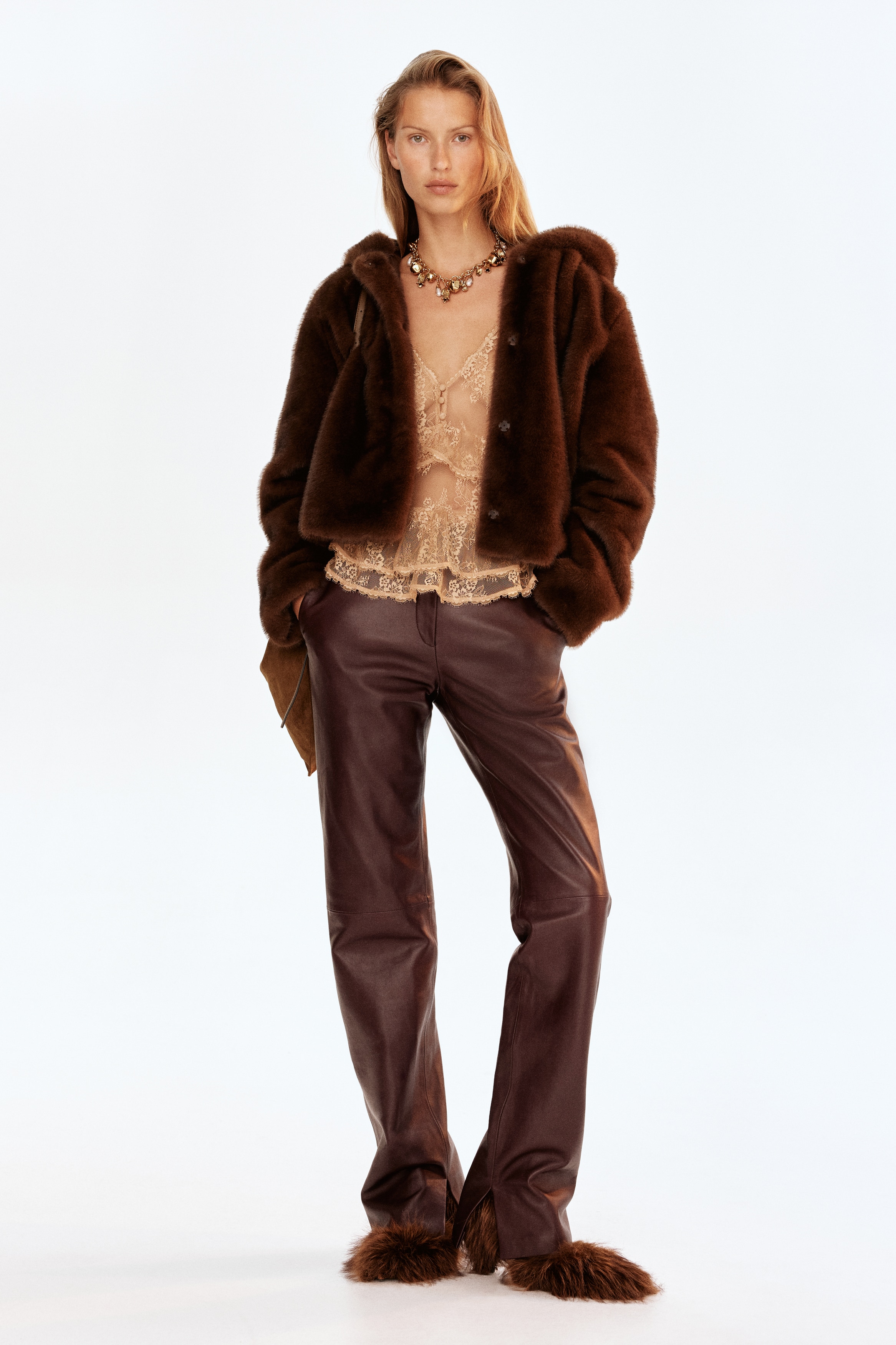 Top en dentelle avec bretelles fines - Beige foncé