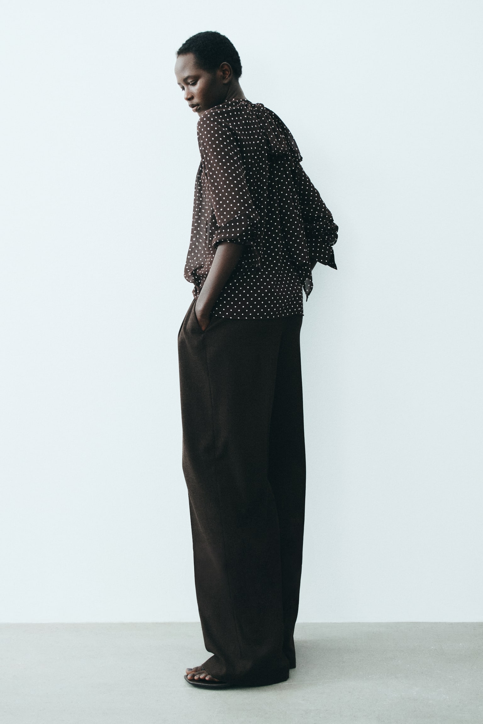 Scarf-collar blouse - Dark brown/Polka dot - 4
