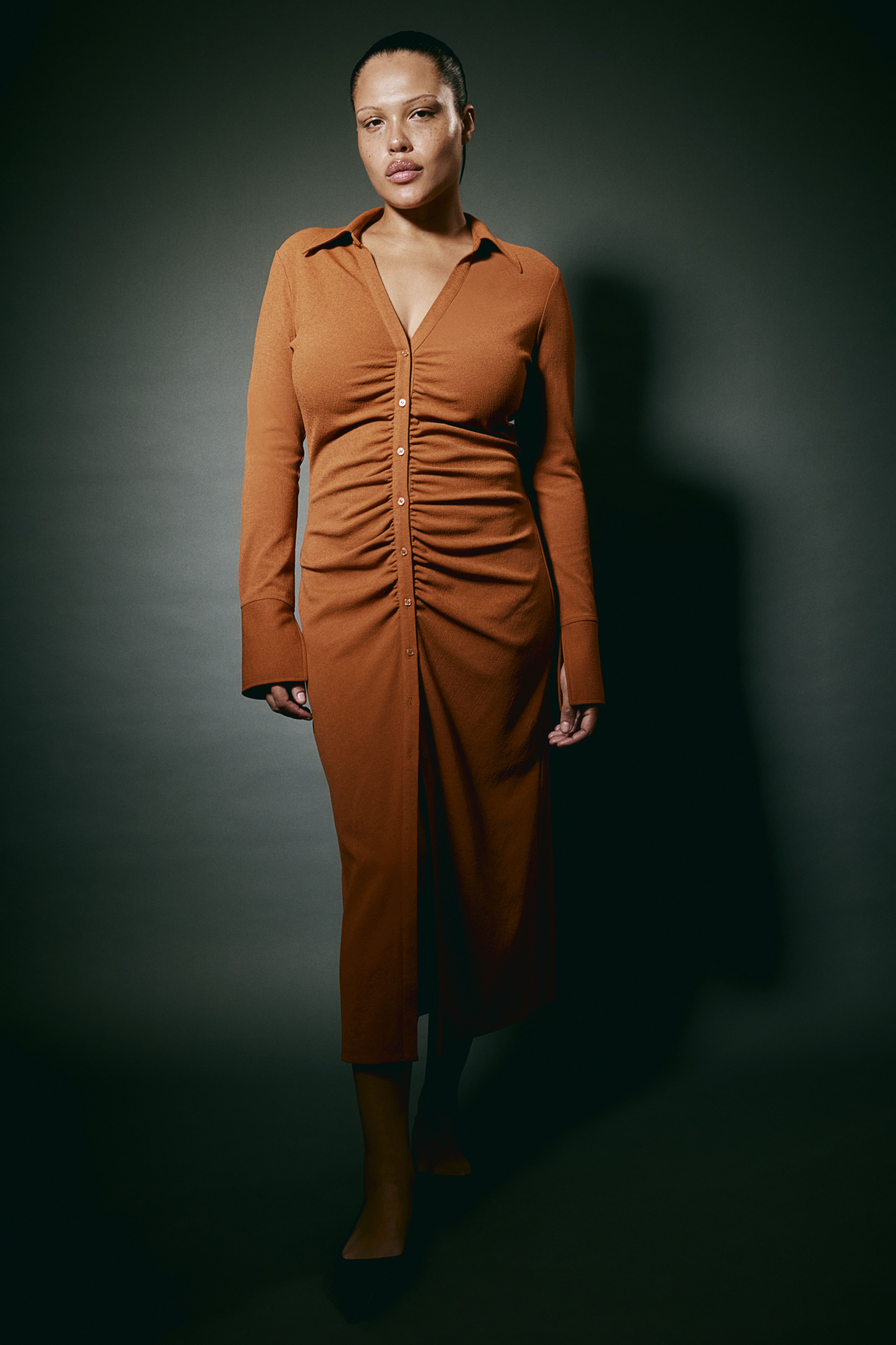 Draped Shirt Dress - V-neck - Long sleeve - Terracotta - Ladies | H&M US