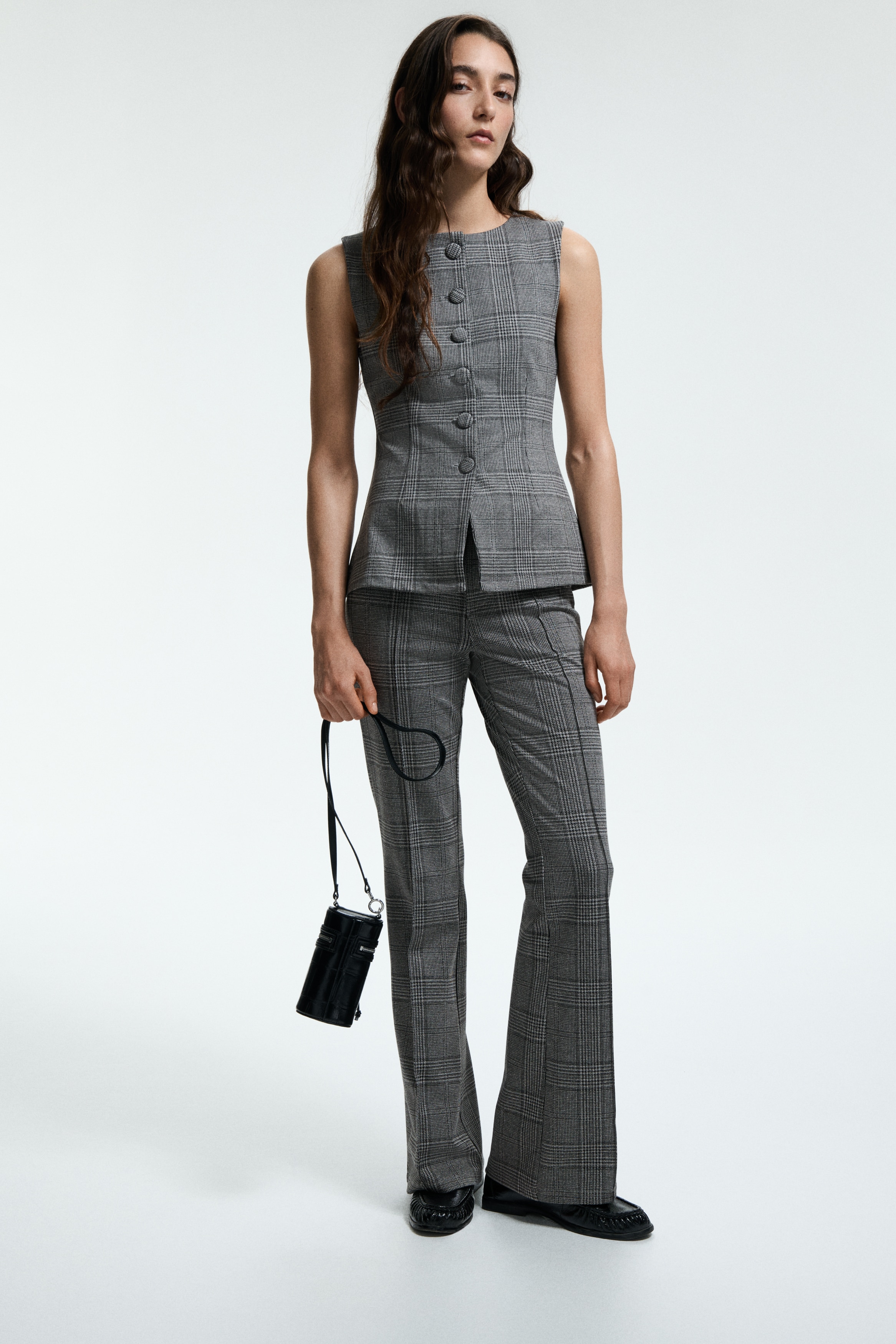 Moda Damska - Rozszerzane spodnie Szary/Krata - Size: M  - H&M