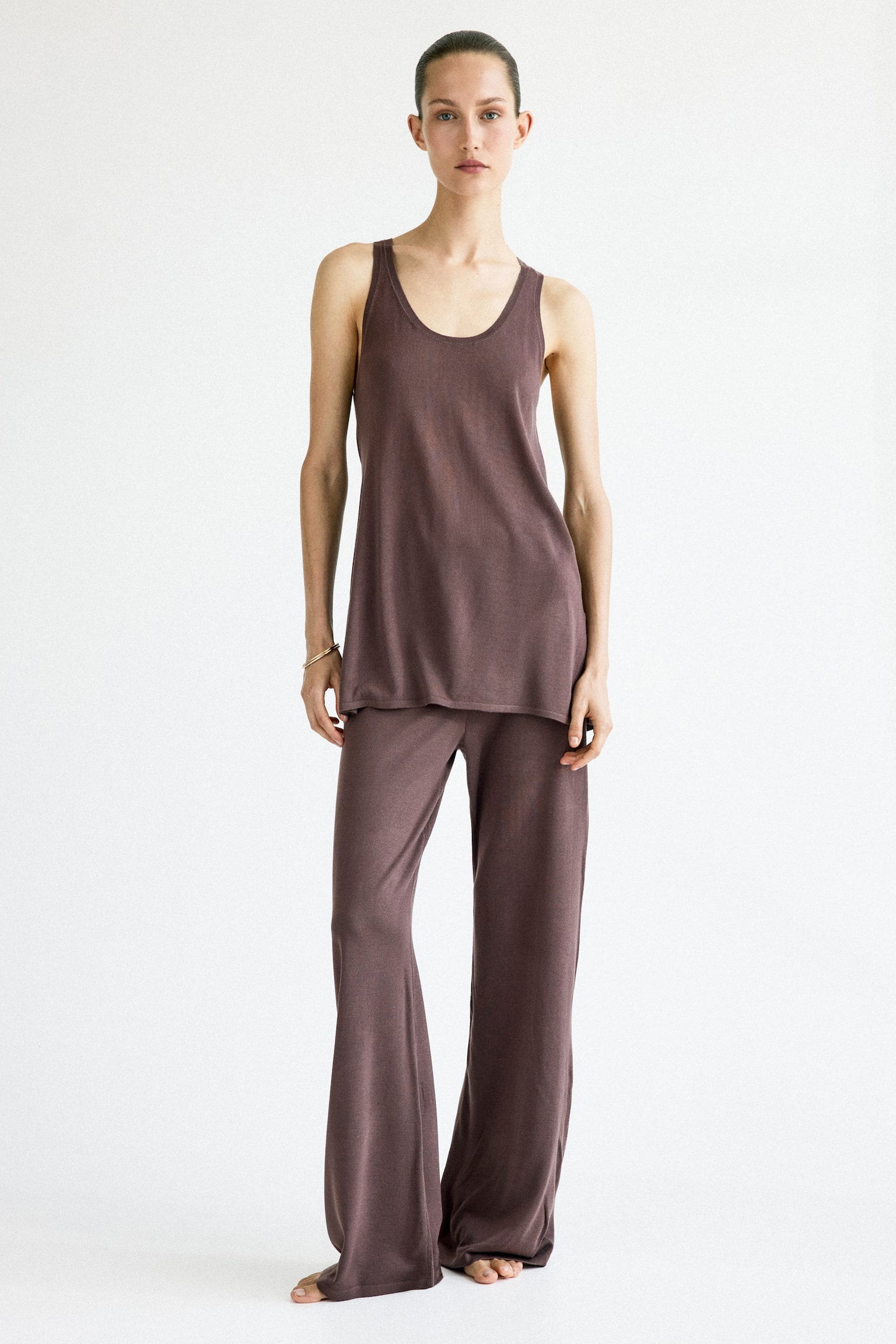 Long fine-knit top - Dark mole/Light beige - 1