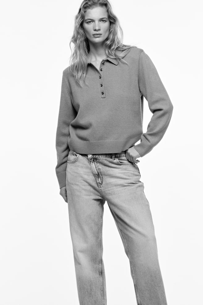Shoulder-Pad Polo Sweater-Dark beige - 4