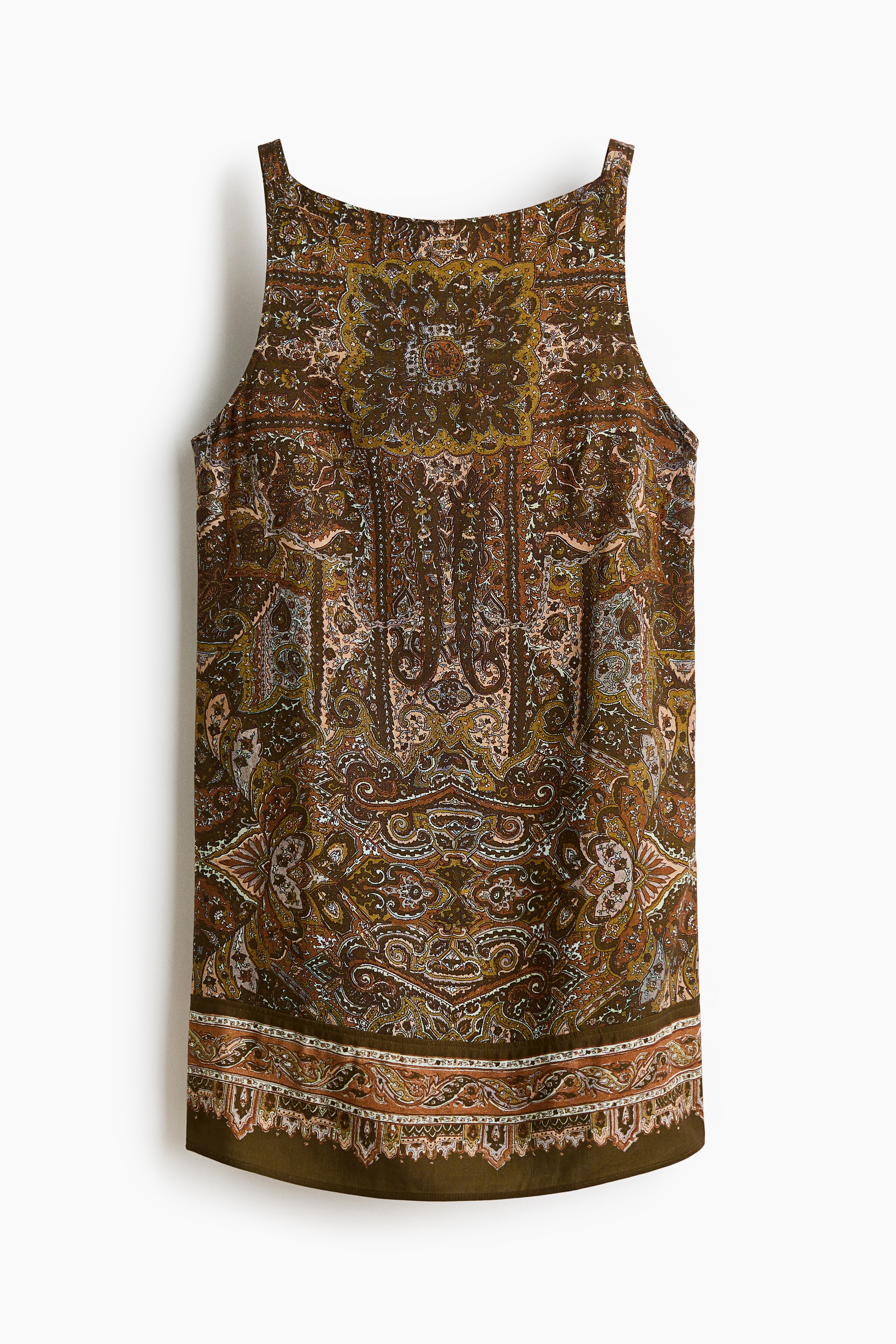 Sleeveless linen-blend dress - Khaki green/paisley/Cream/striped