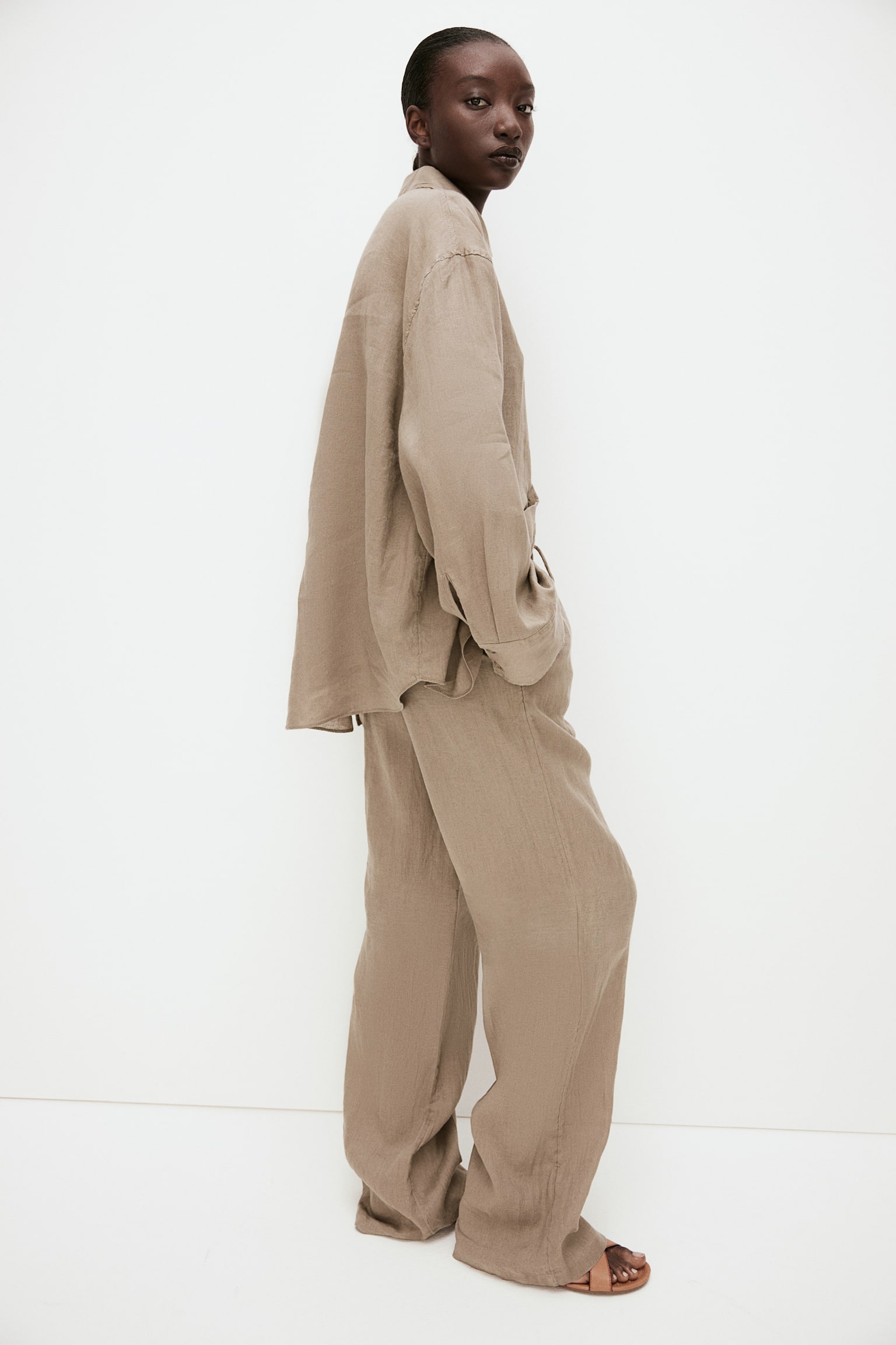 Wide Linen Pants - Dark beige/Light beige/Dark grey - 5