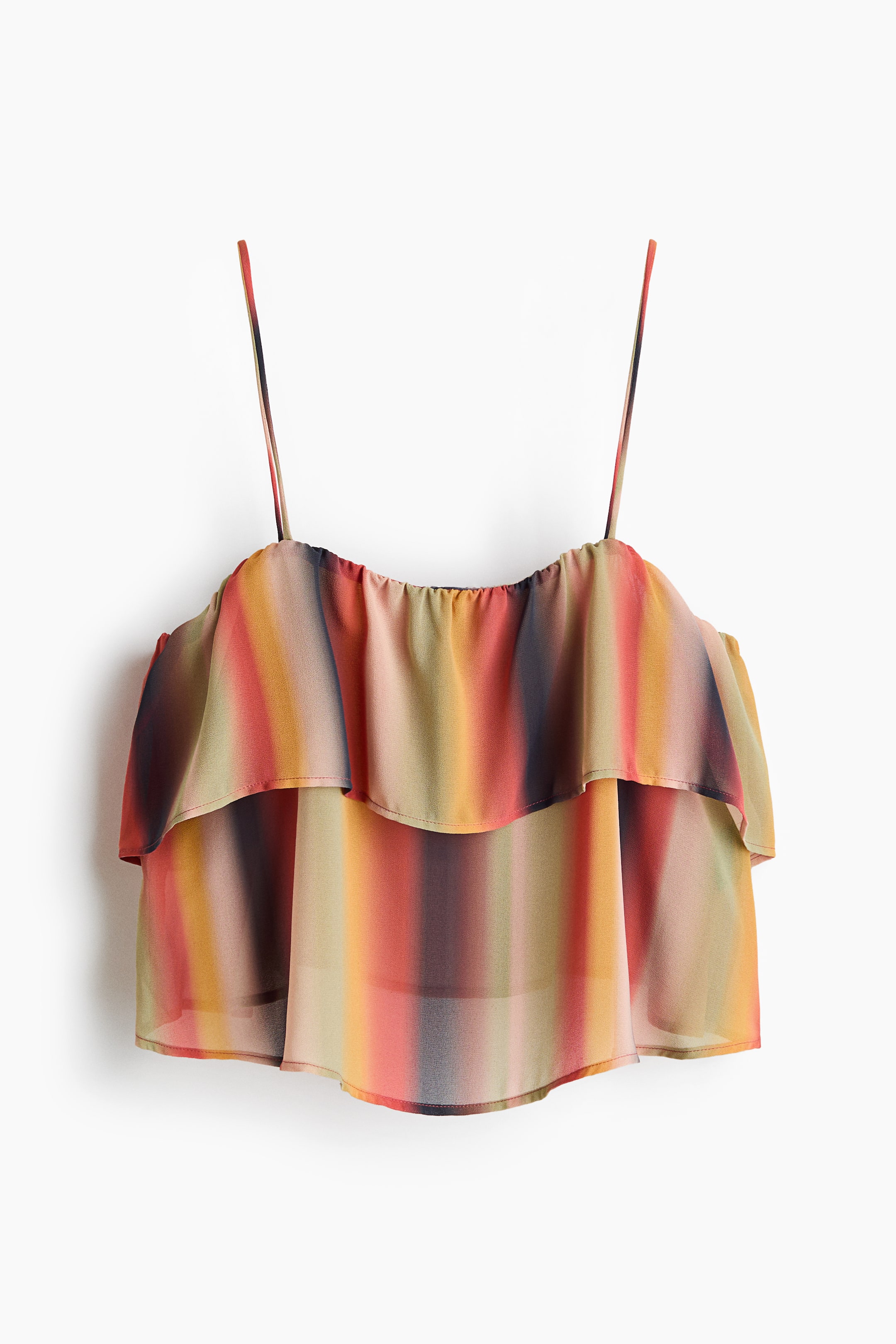 Ver imagen más grande: El top presenta un diseño de volantes en capas con un escote elástico y finos tirantes tipo espagueti, mostrando un patrón de rayas en degradado en tonos de rojo, naranja, amarillo, verde y marrón oscuro en la parte frontal.