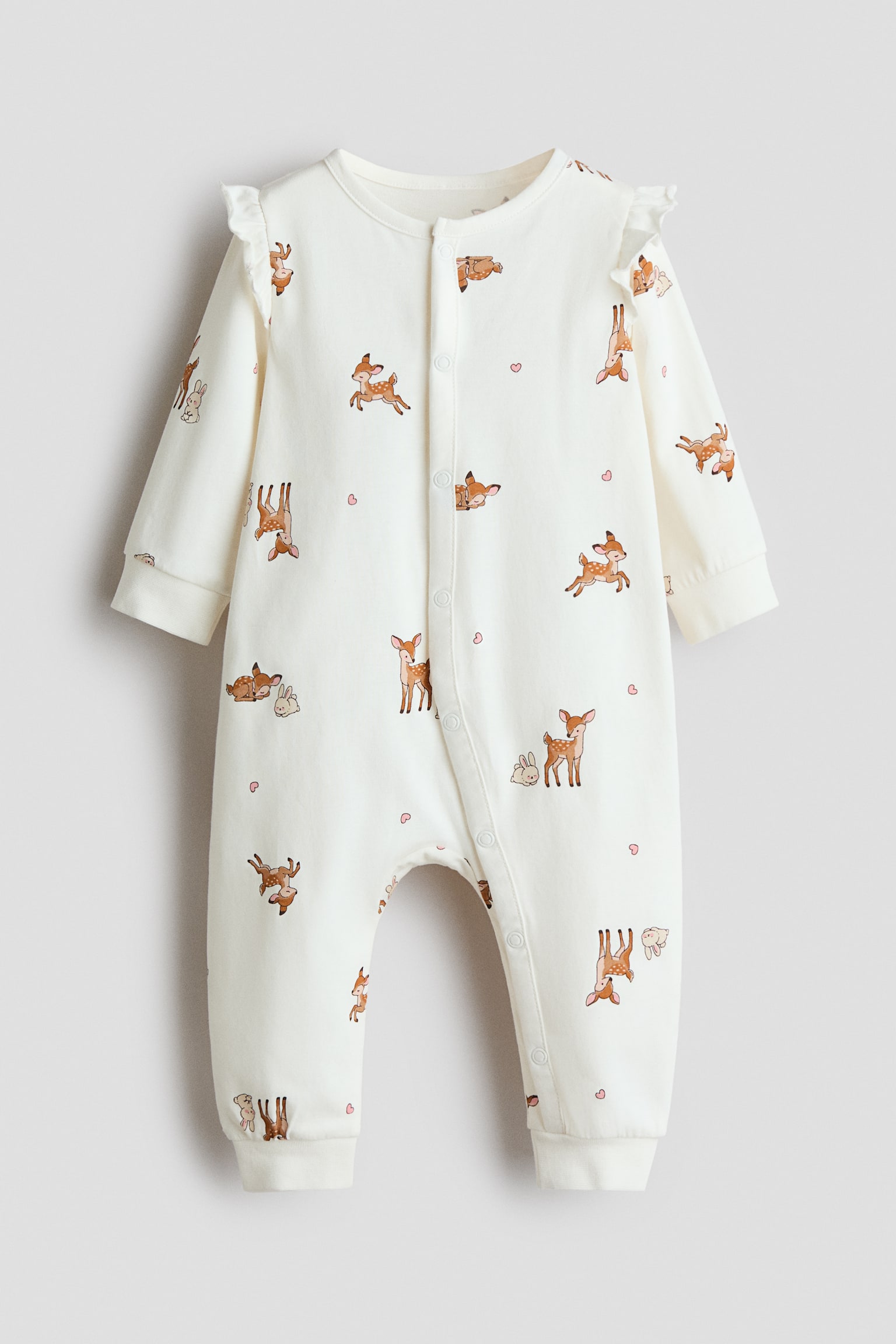 Pyjamasoverall i bomull med volang - Vit/Hjort/Vit/Hjärtan/Ljusrosa/Nallebjörnar/Vit/Blommig/Ljusbeige/Jul