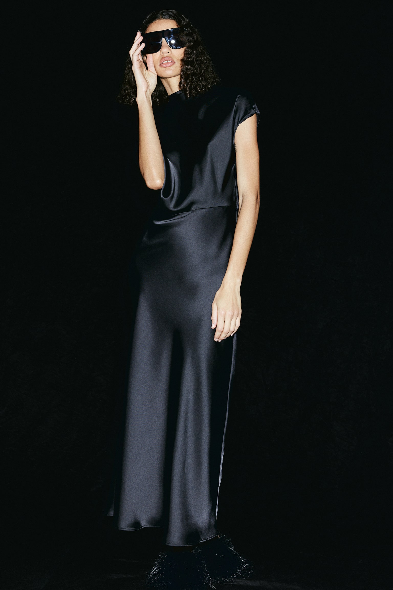 Tie-neck satin dress - Black - 1