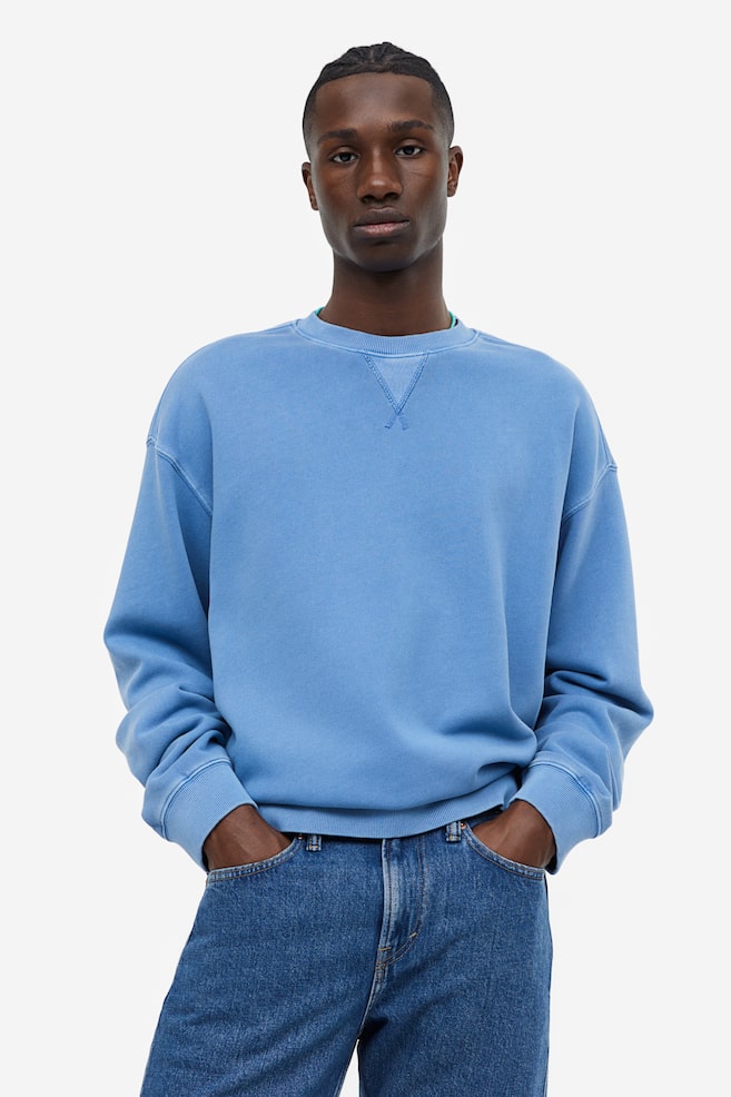 Sweatshirt med tvättad look Relaxed Fit - Blå/Grön - 1