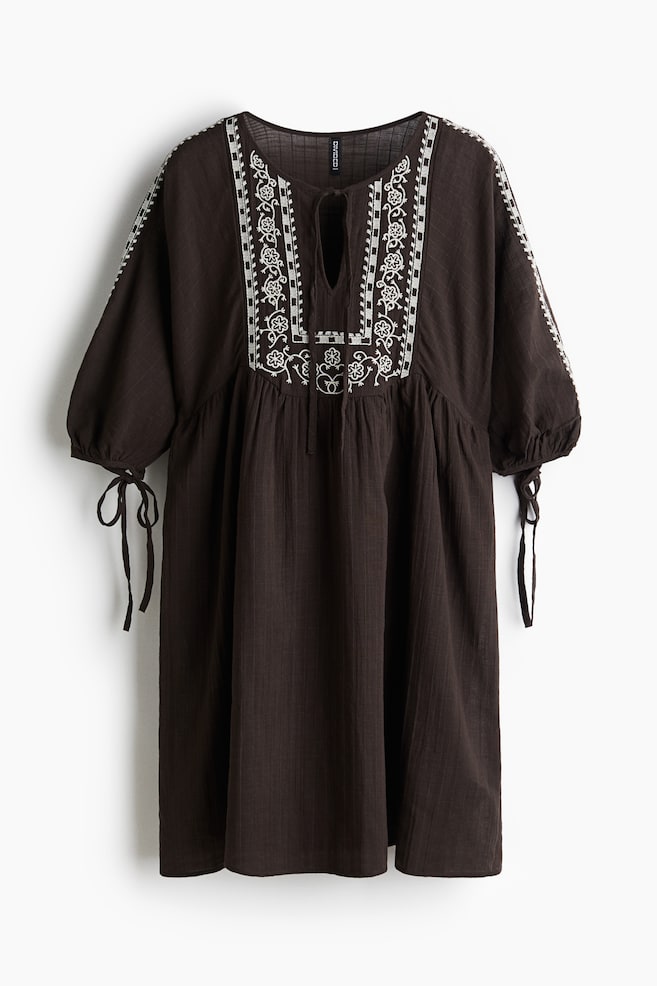 Embroidered tunic dress - Dark brown/Flowers - 1