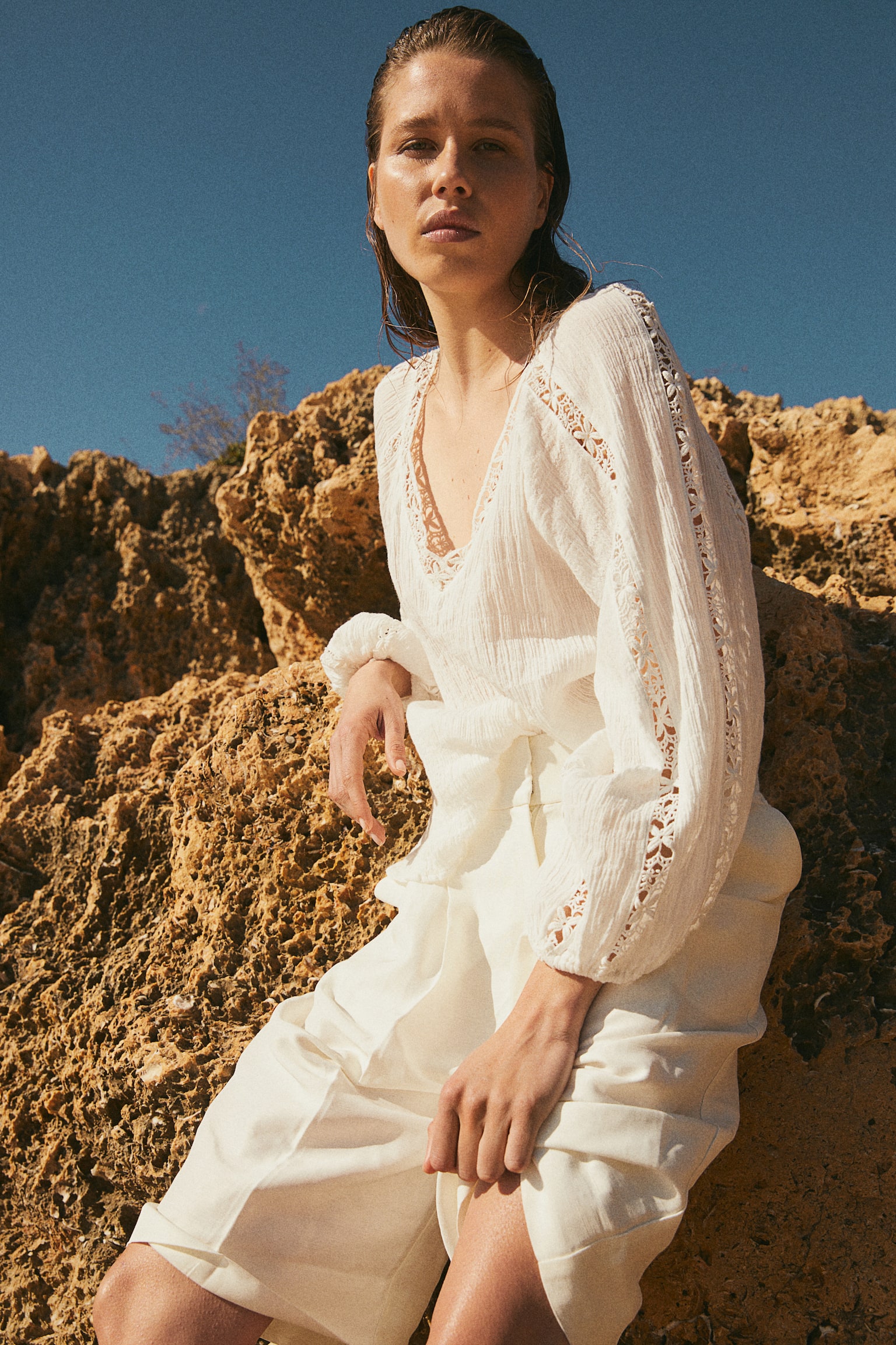 Blouse avec dentelle - Blanc - 8