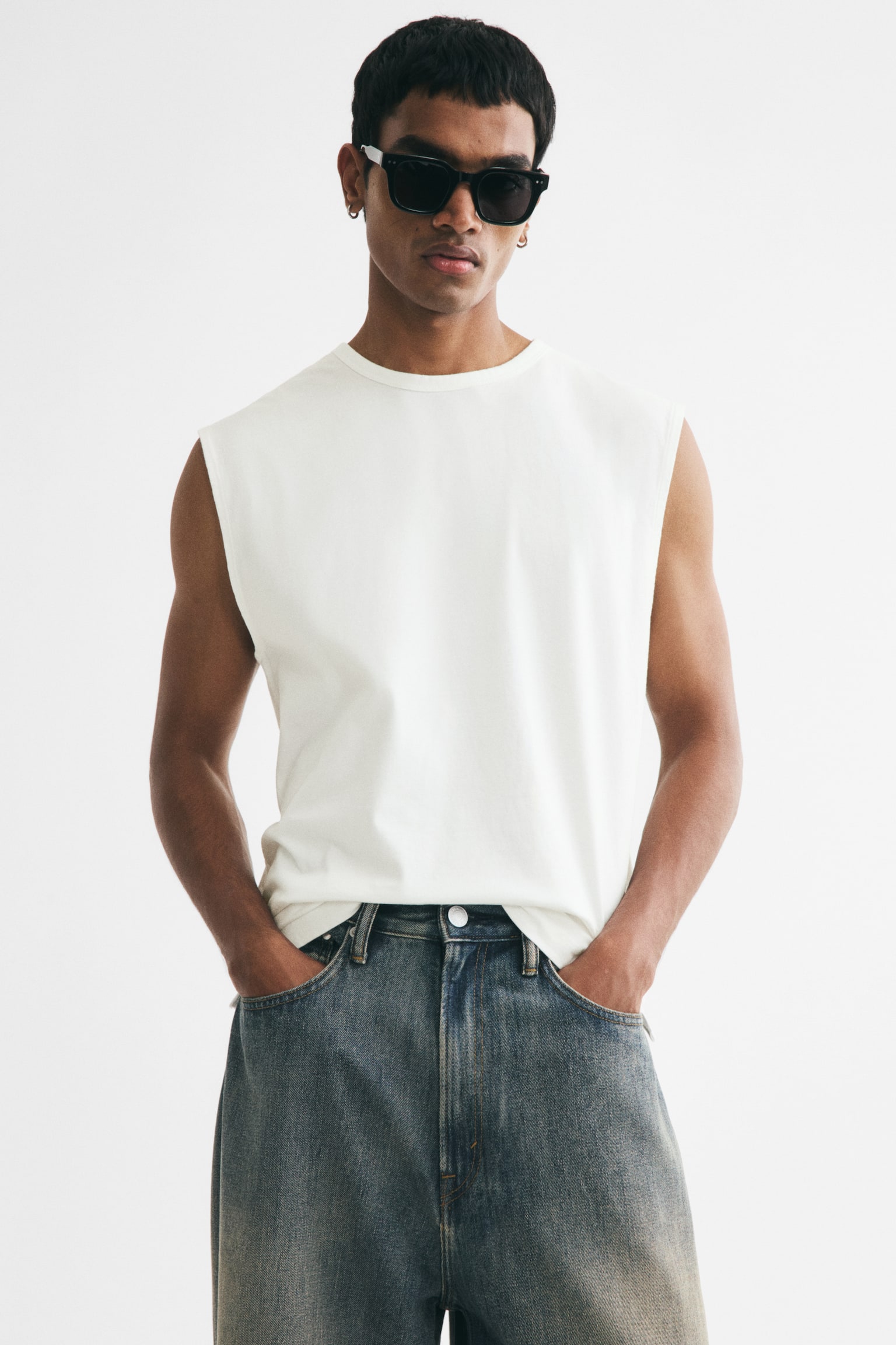 Regular Fit Cotton vest top - Ivory/Black - 1