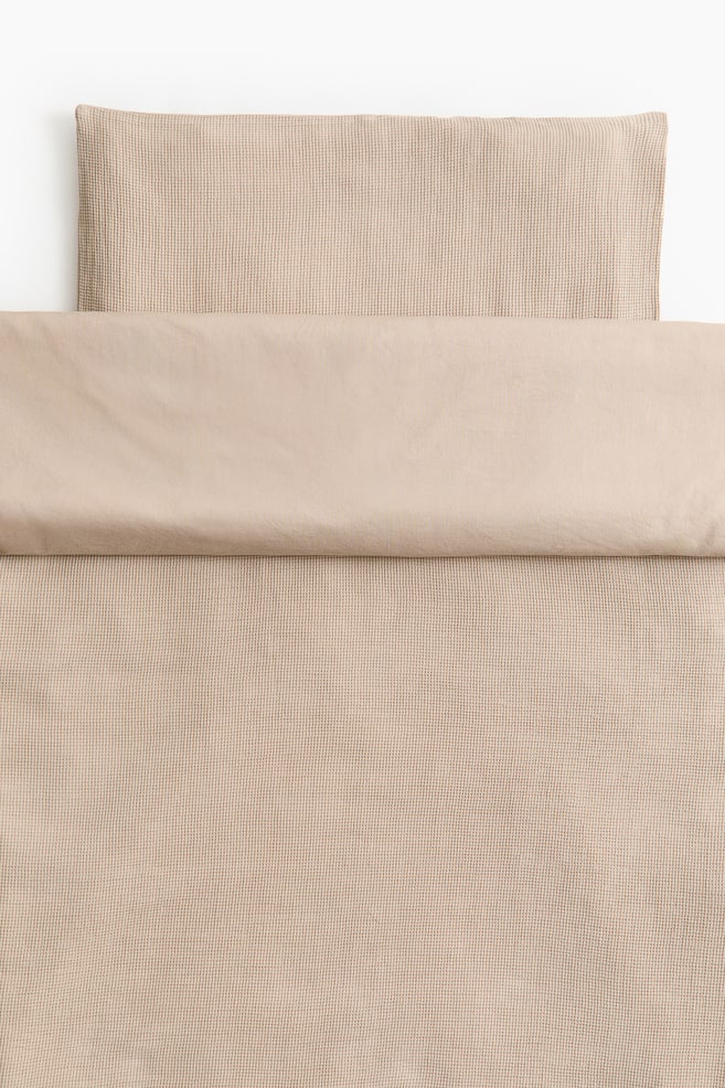Waffled cot duvet cover set - Beige/Dusty green - 1