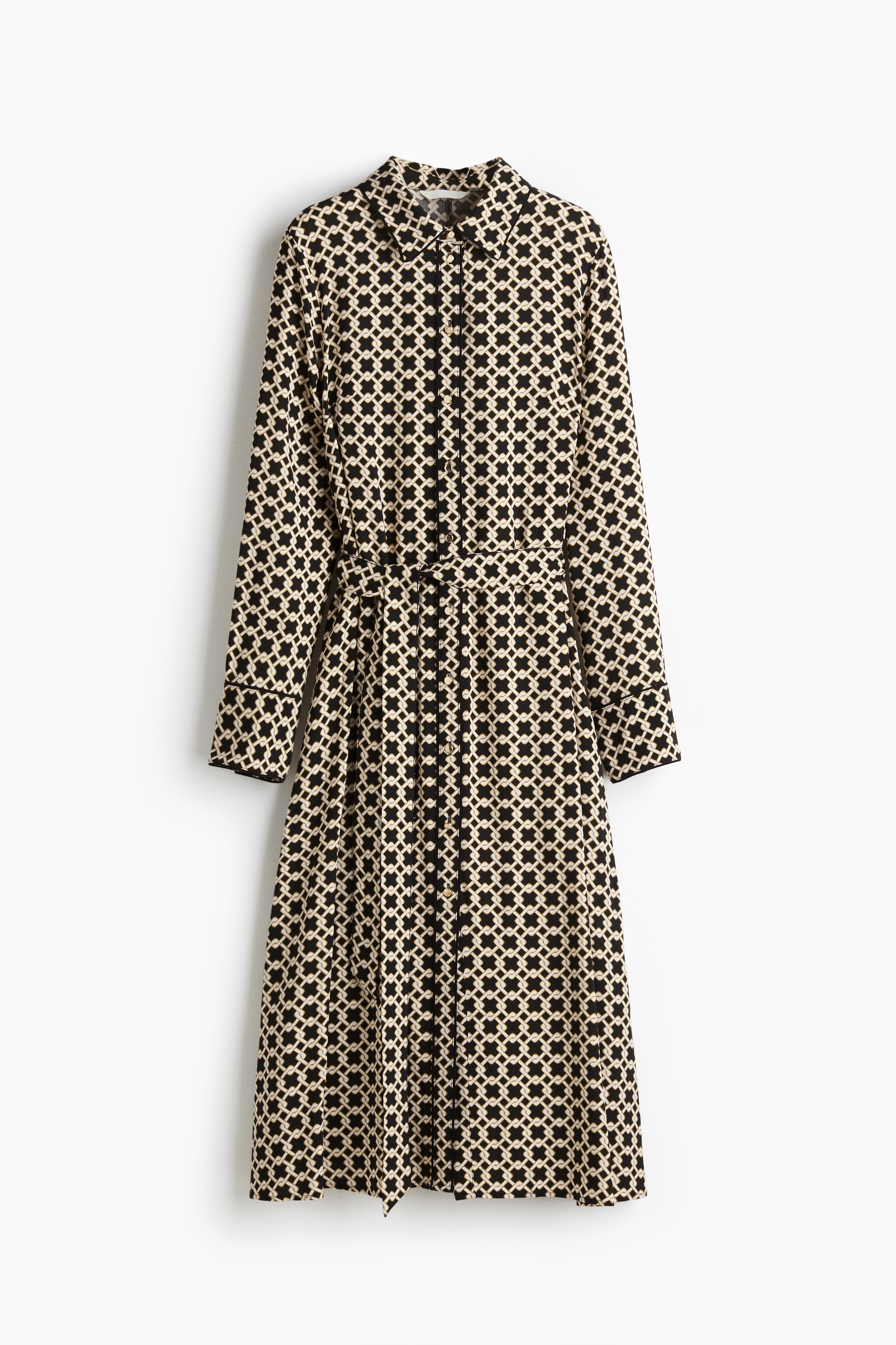 Tie Belt Shirt Dress - Black/Pattern/Black