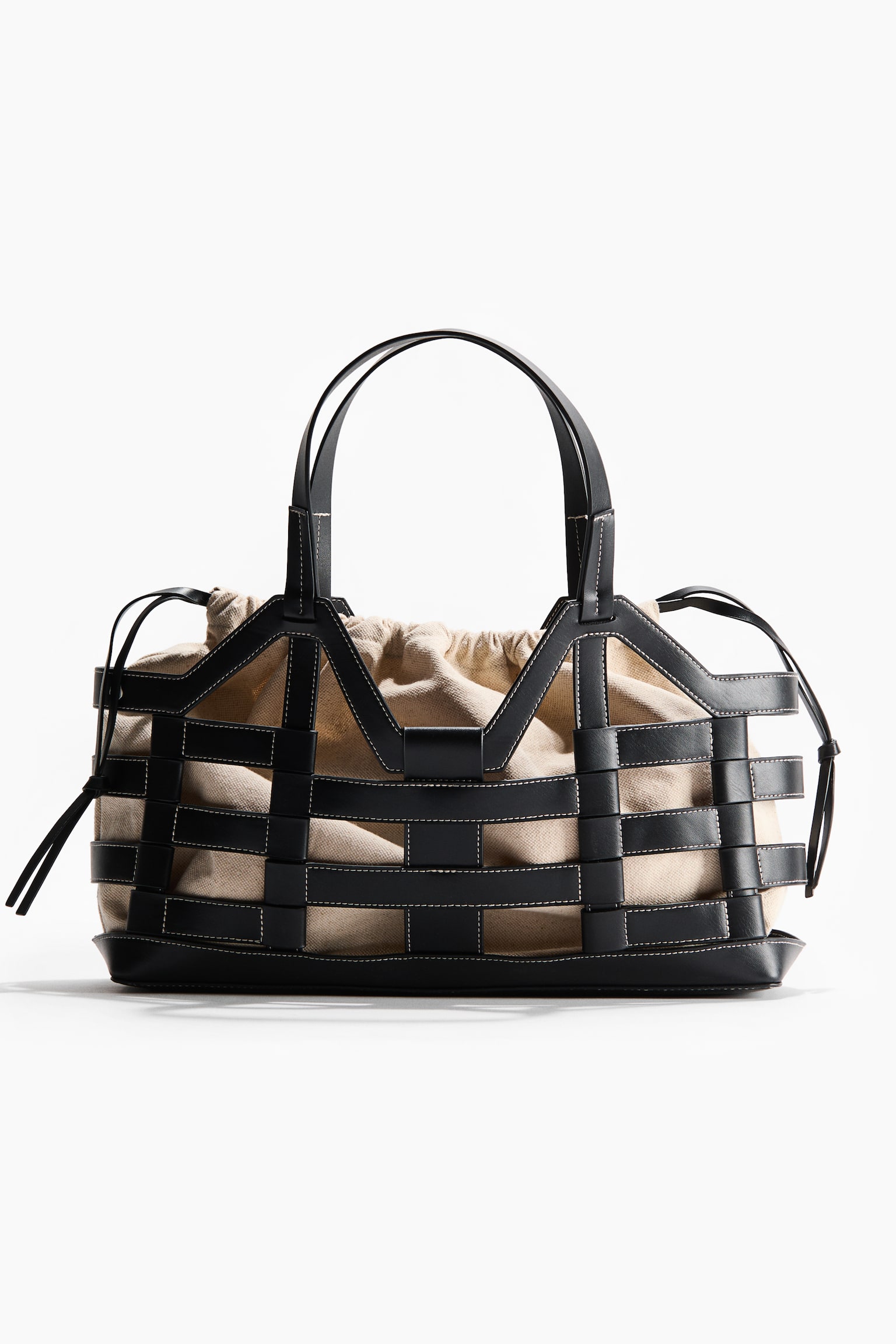 Grand tote bag avec cordon de serrage - Noir/beige clair