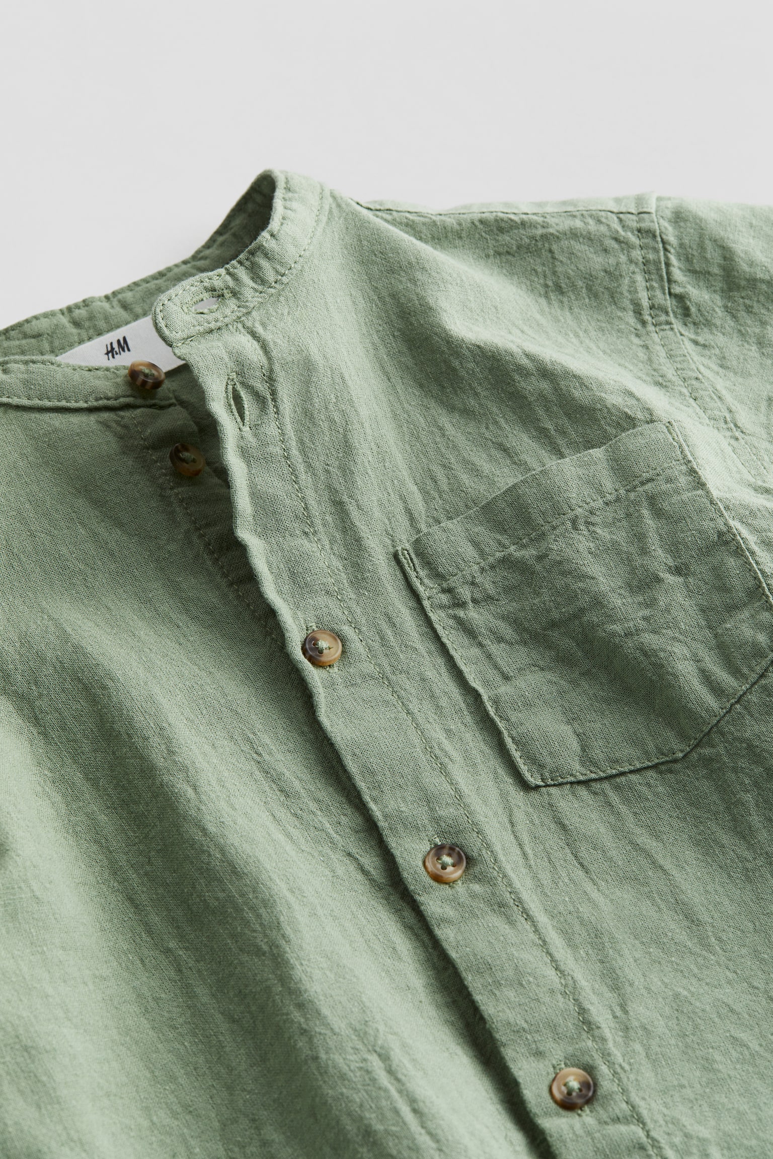 Linen Blend Grandad Shirt - Light khaki green/White/Light beige/Stripe - 2