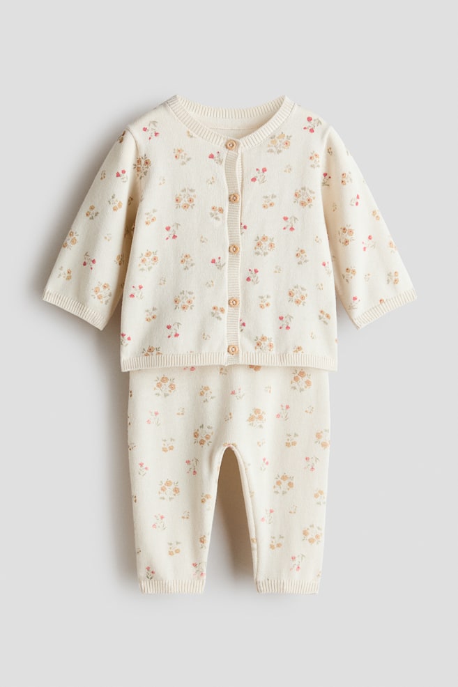 2-piece Fine Knit Set - Light beige/Floral/White/Light beige - 1