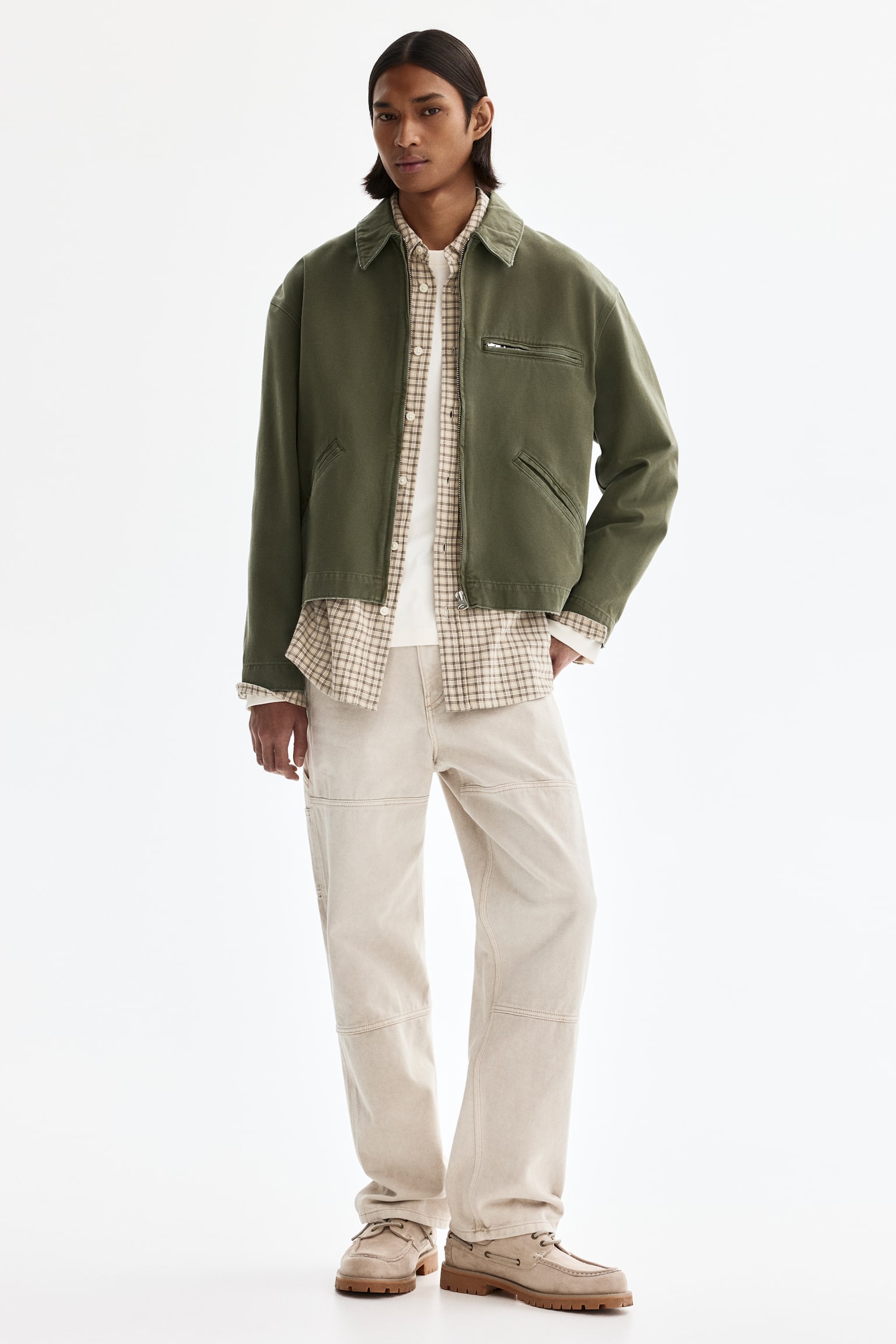 Collared jacket - Khaki green/Dark beige - 1