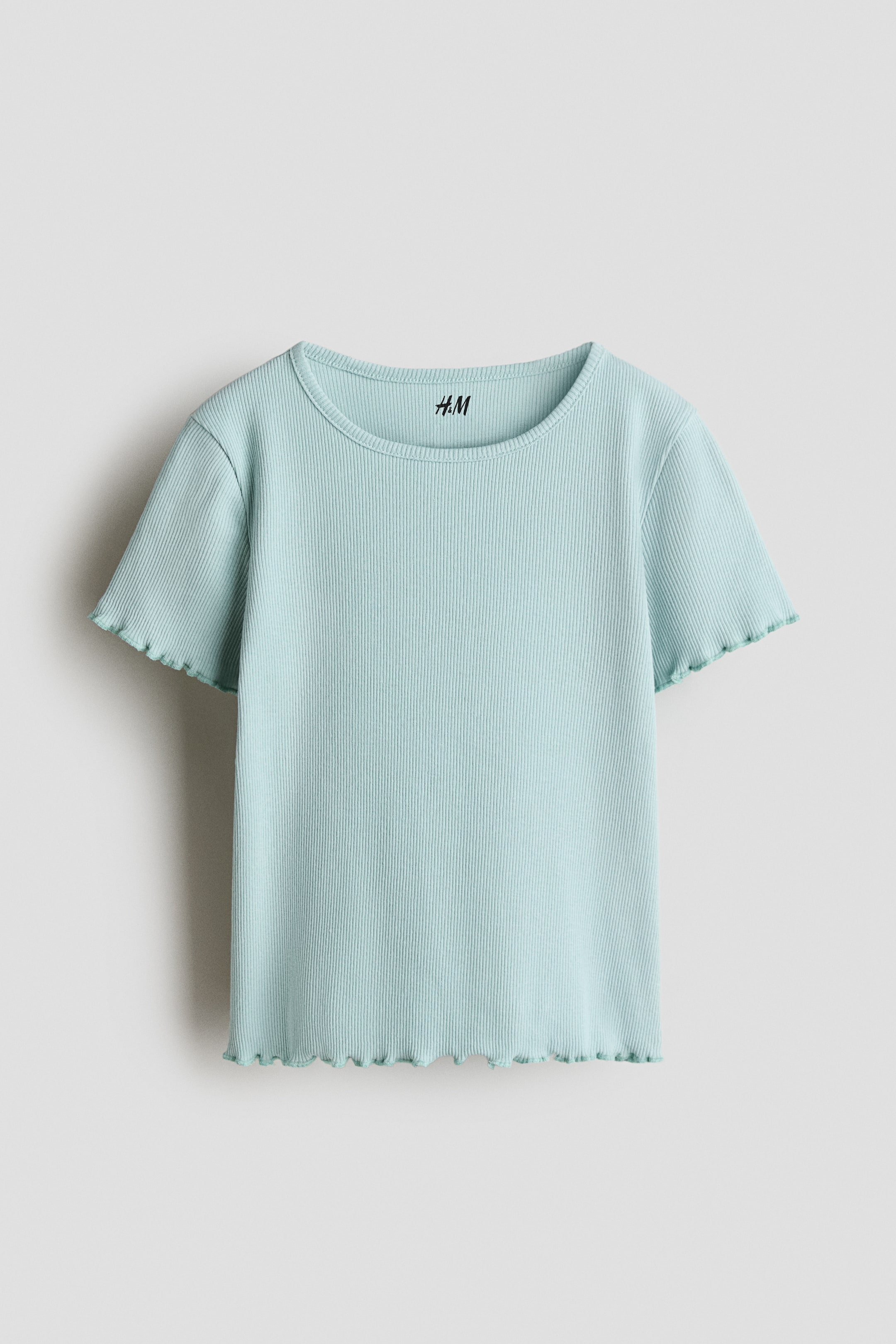 Voir une image plus grande: Un t-shirt côtelé bleu clair est orienté vers l'avant, avec un col rond et des manches courtes. Il présente des bords ondulés sur les poignets des manches et l'ourlet du bas, avec le logo H&M visible à l'intérieur du col.