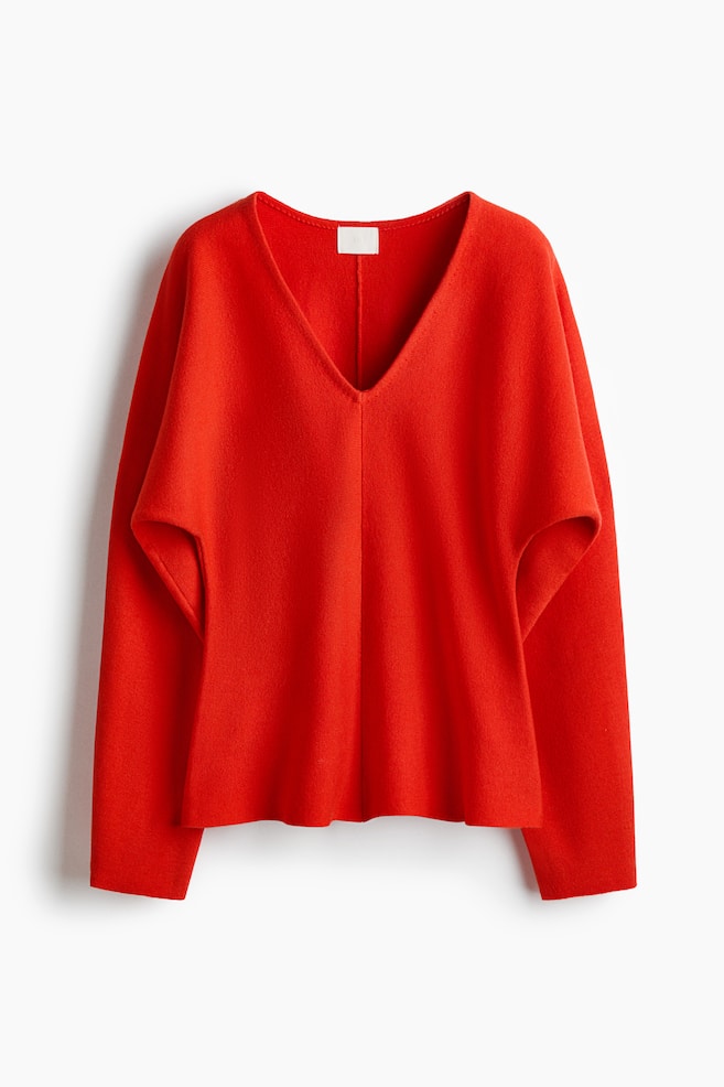 Knit V-Neck Top - Bright red/Dark gray/Light beige/Light beige - 1