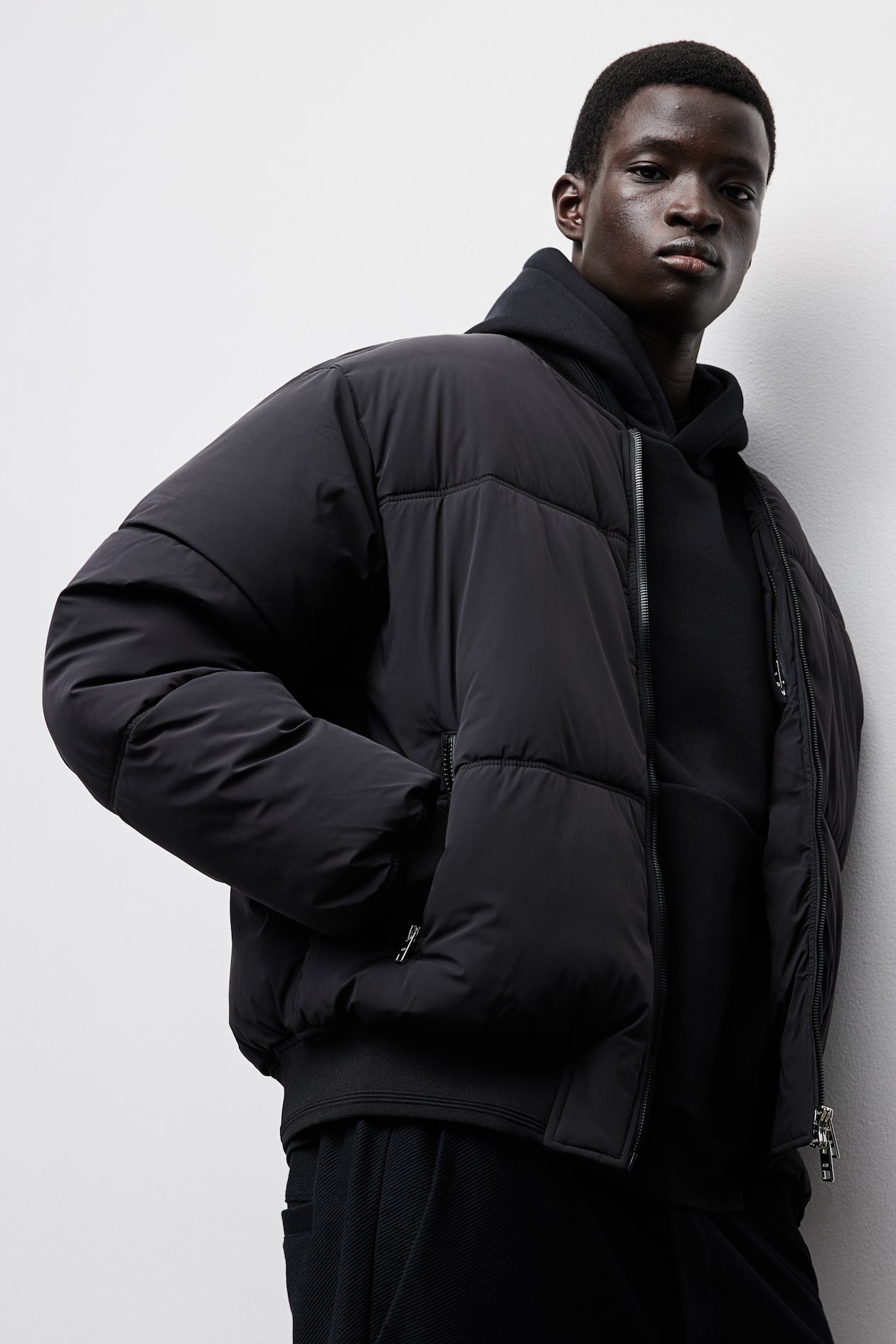 H&m Black Puffer Coat For Men Loose Fit Padded Bomber Jacket