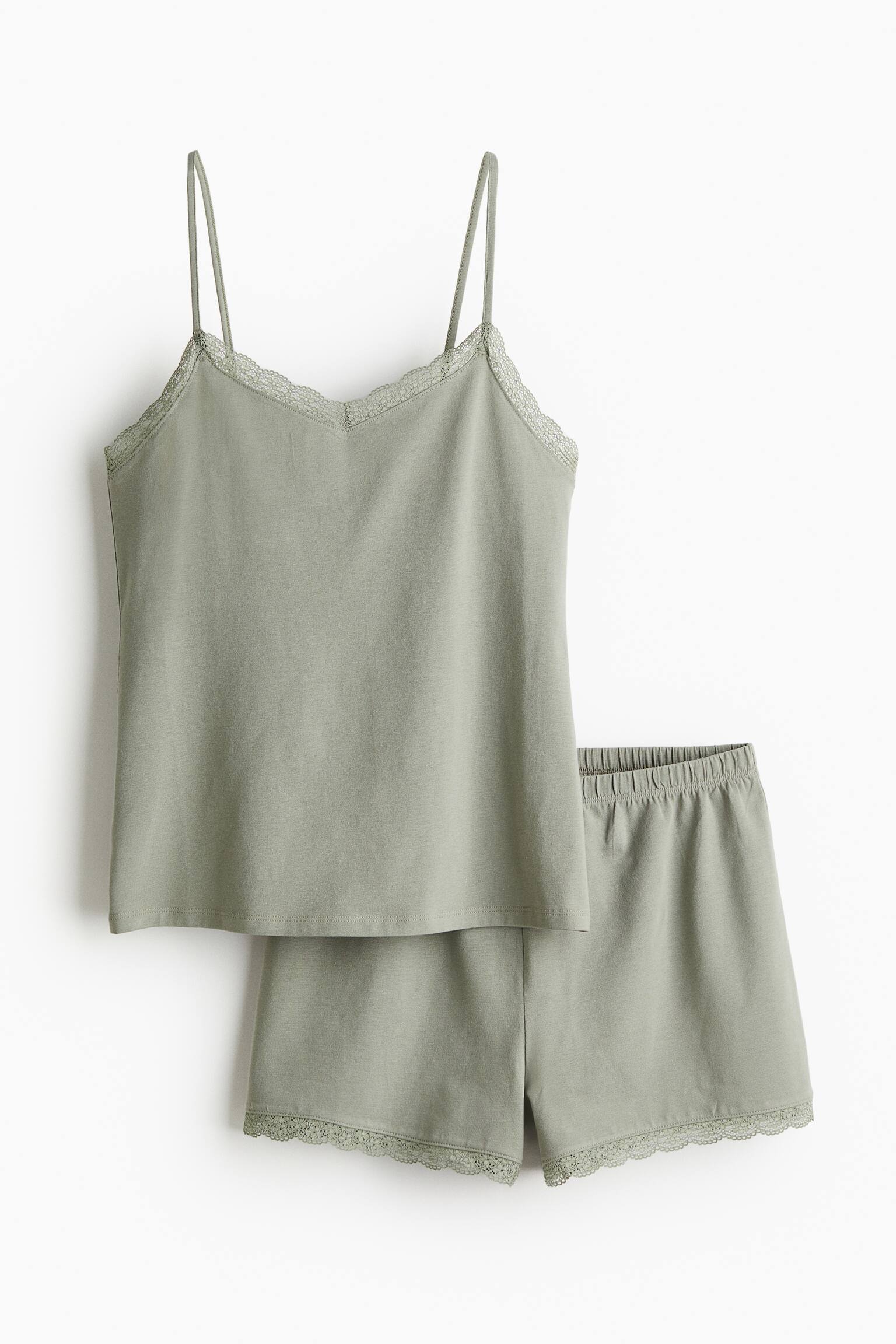 Pyjama Cami & Short Set - Light khaki green/White/Small flowers - 2