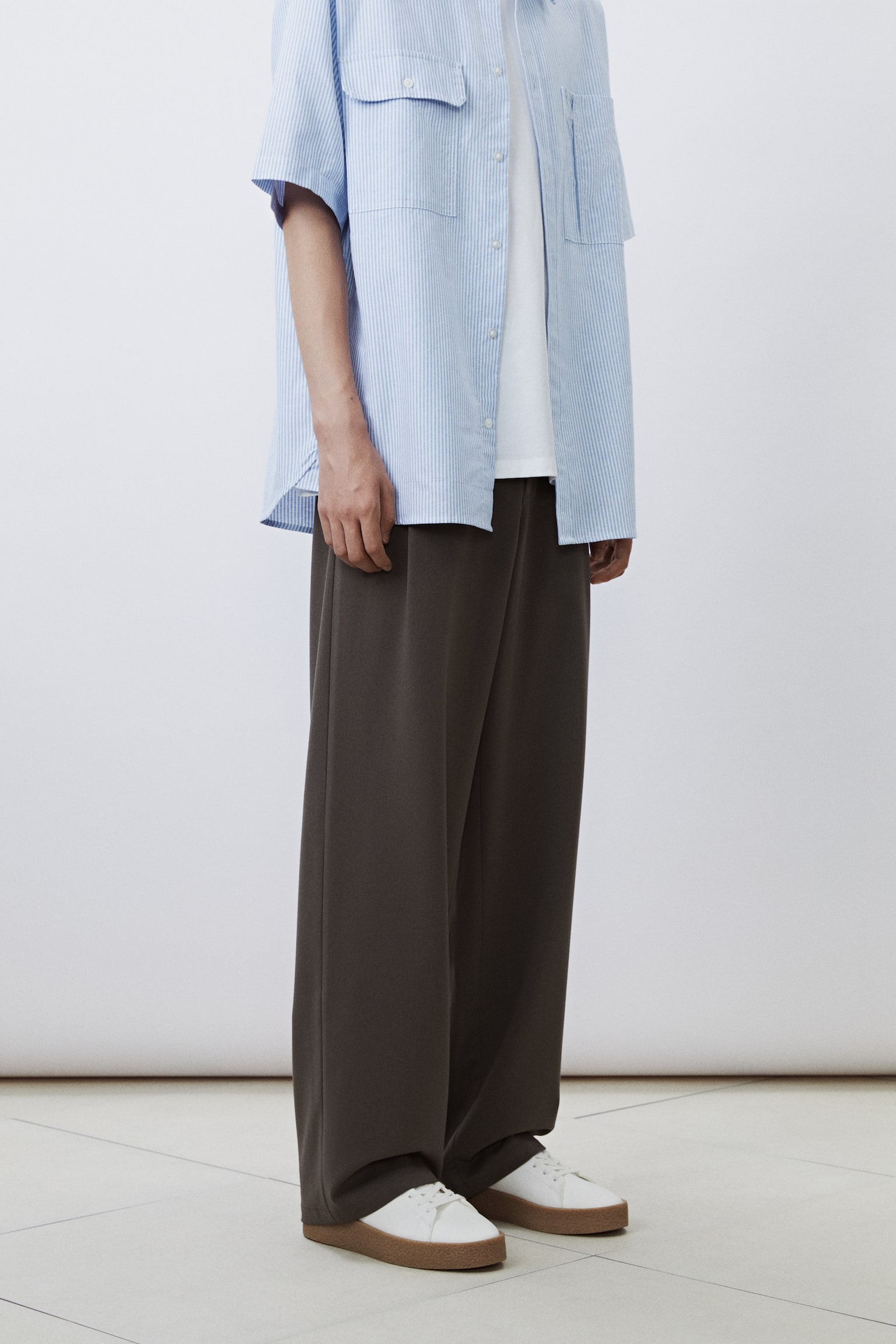 寬鬆斜紋長褲 - 深卡其綠/深咖啡色 - 5