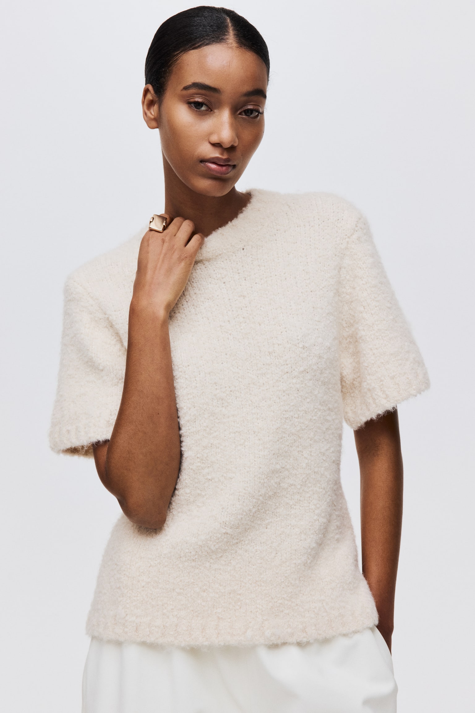 Bouclé-knit T-shirt - Cream - 7