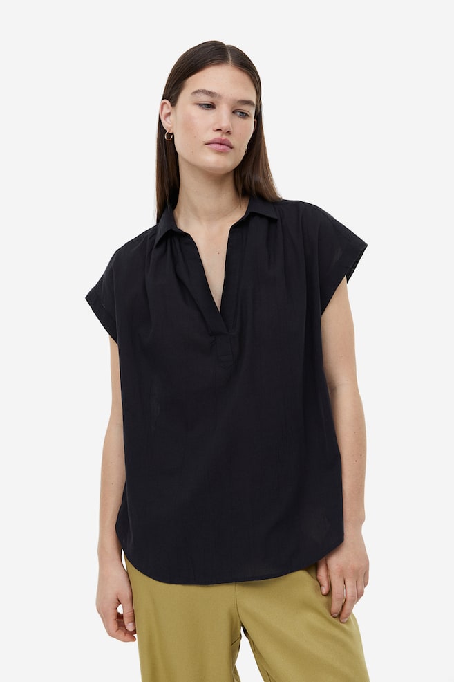 V-neck cotton blouse - Black/Light blue/Striped/White - 6